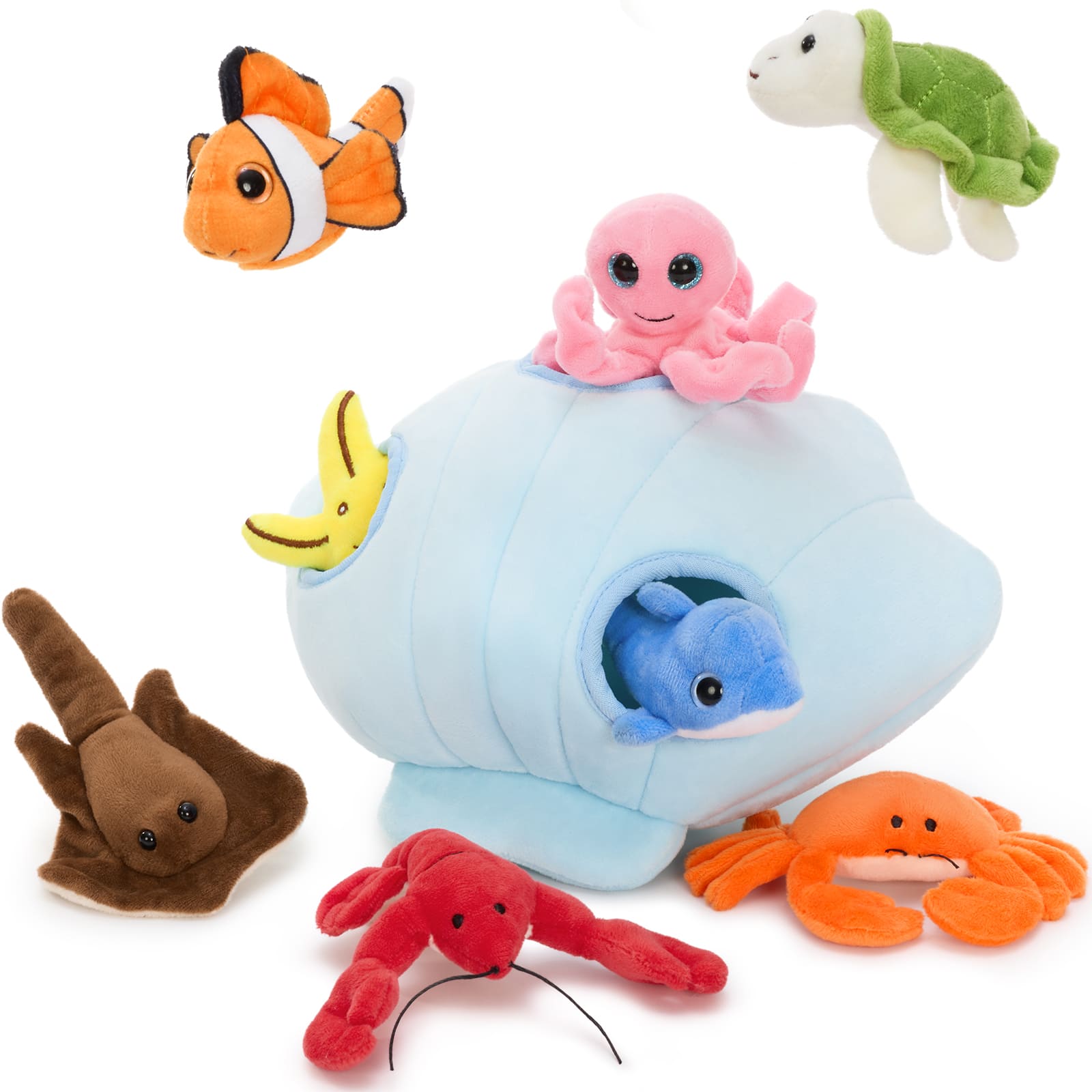 Cute ocean animal plush toy set with shell storage, featuring octopus, dolphin, crab, turtle, lobster, stingray, and clownfish stuffed animals for kids