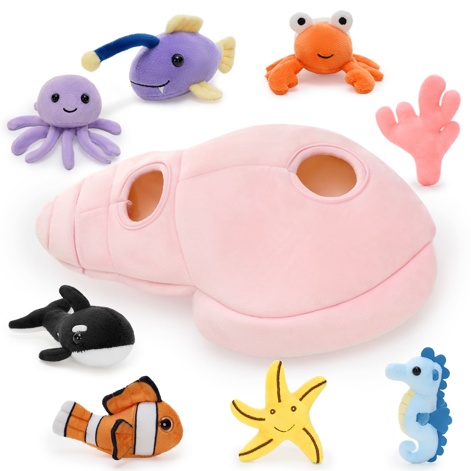 A pink plush Conch with seven ocean-themed stuffed animals: Jellyfish, Whale, Hermit Crab, Starfish, Seahorse, Coral, Glow Fish, and Clownfish.