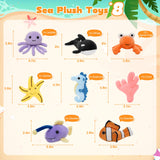 A pink plush Conch with seven ocean-themed stuffed animals: Jellyfish, Whale, Hermit Crab, Starfish, Seahorse, Coral, Glow Fish, and Clownfish.