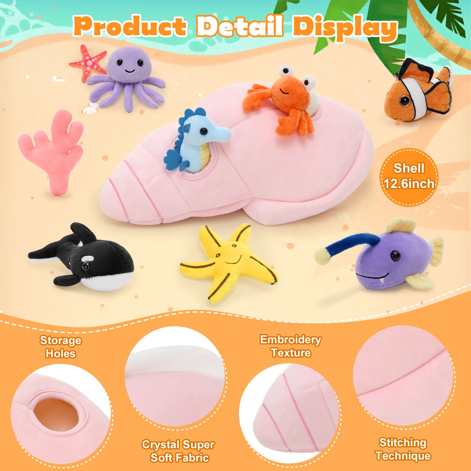 A pink plush Conch with seven ocean-themed stuffed animals: Jellyfish, Whale, Hermit Crab, Starfish, Seahorse, Coral, Glow Fish, and Clownfish.
