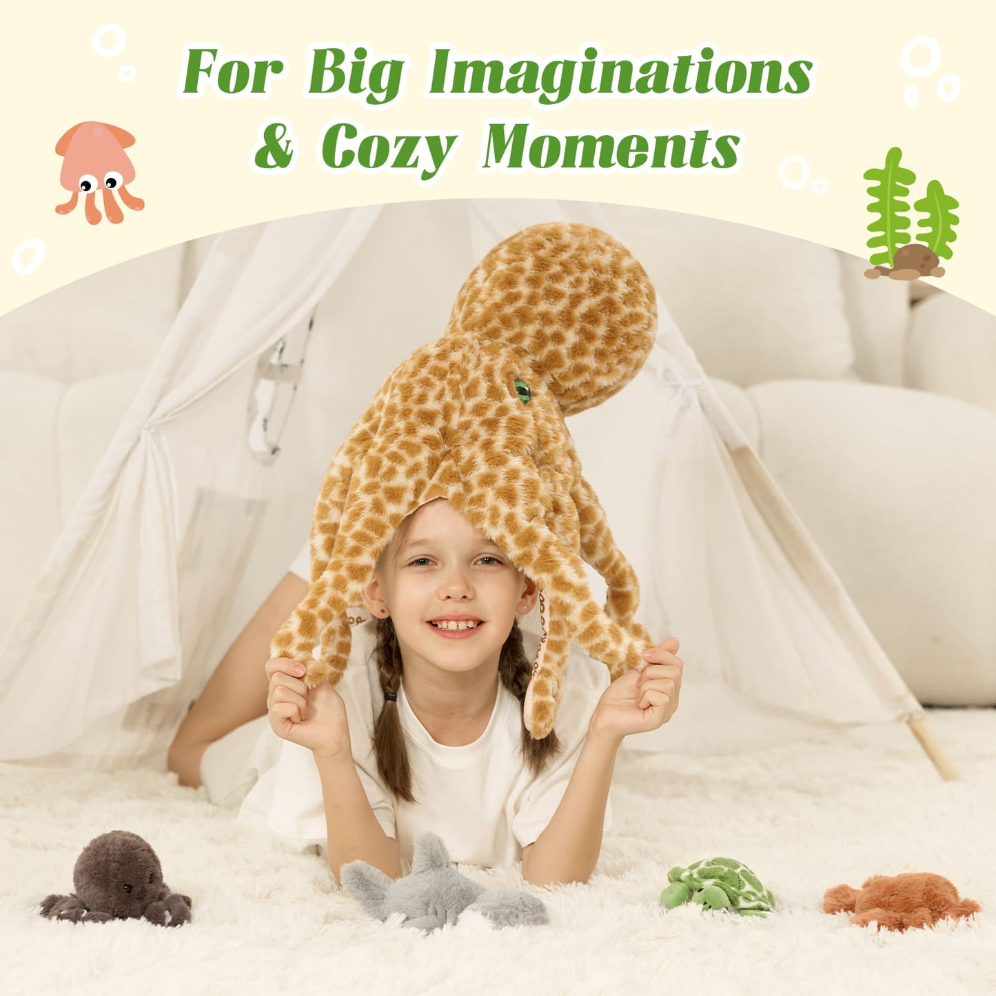 Giraffe-pattern octopus plush with mini stuffed animals, including a green sea turtle, brown crab, grey hammerhead shark, and small brown octopus.