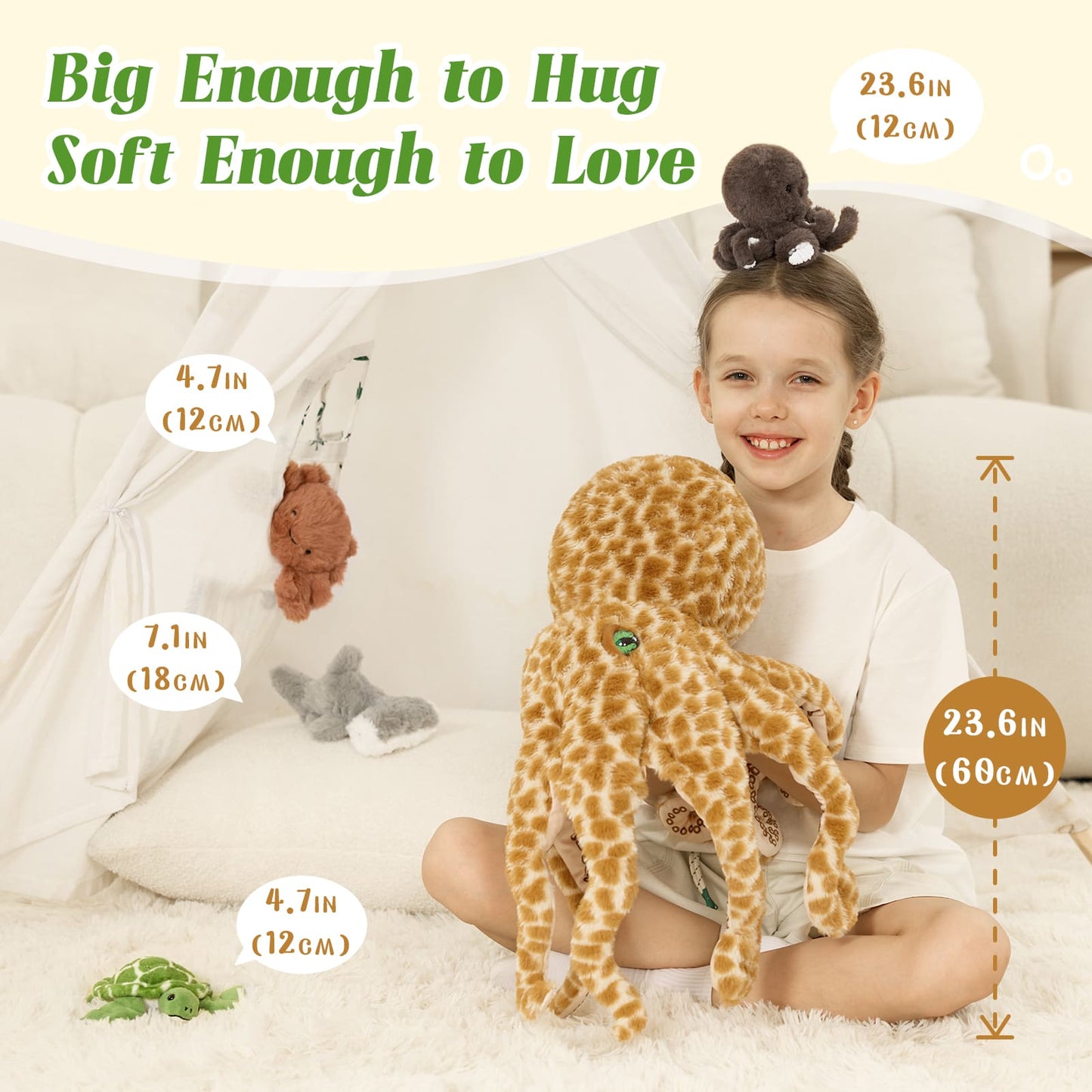 Giraffe-pattern octopus plush with mini stuffed animals, including a green sea turtle, brown crab, grey hammerhead shark, and small brown octopus.