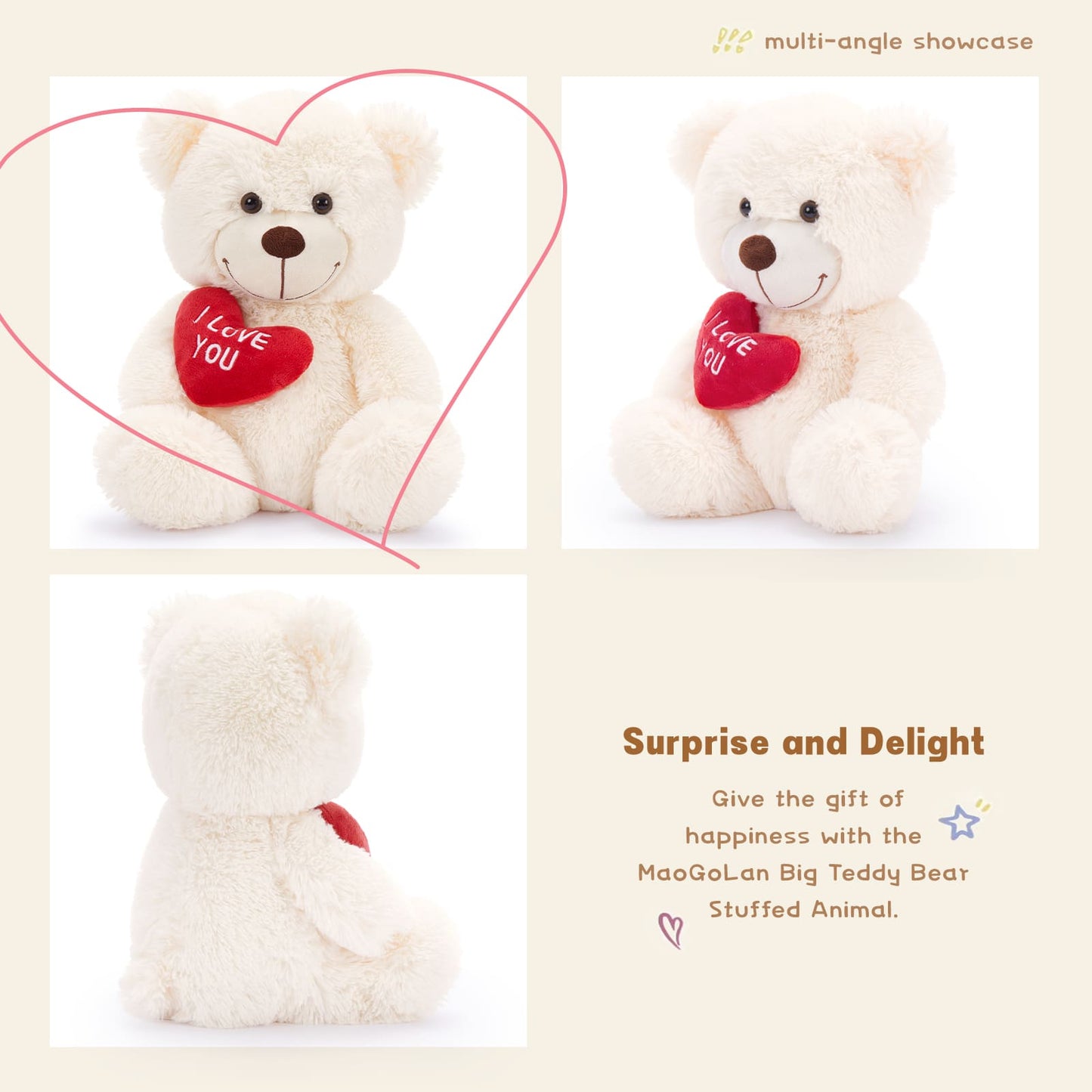Stuffed Mocha Heart Bear – I Love You - Beige Plush Bear Toy for Kids & Adults - Embroidered Heart Throw Pillow - Valentine's Day Teddy Bear Stuffed Animals - 12 Inch Teddy Bear Plush Toys - Teddy Bear with Hearts