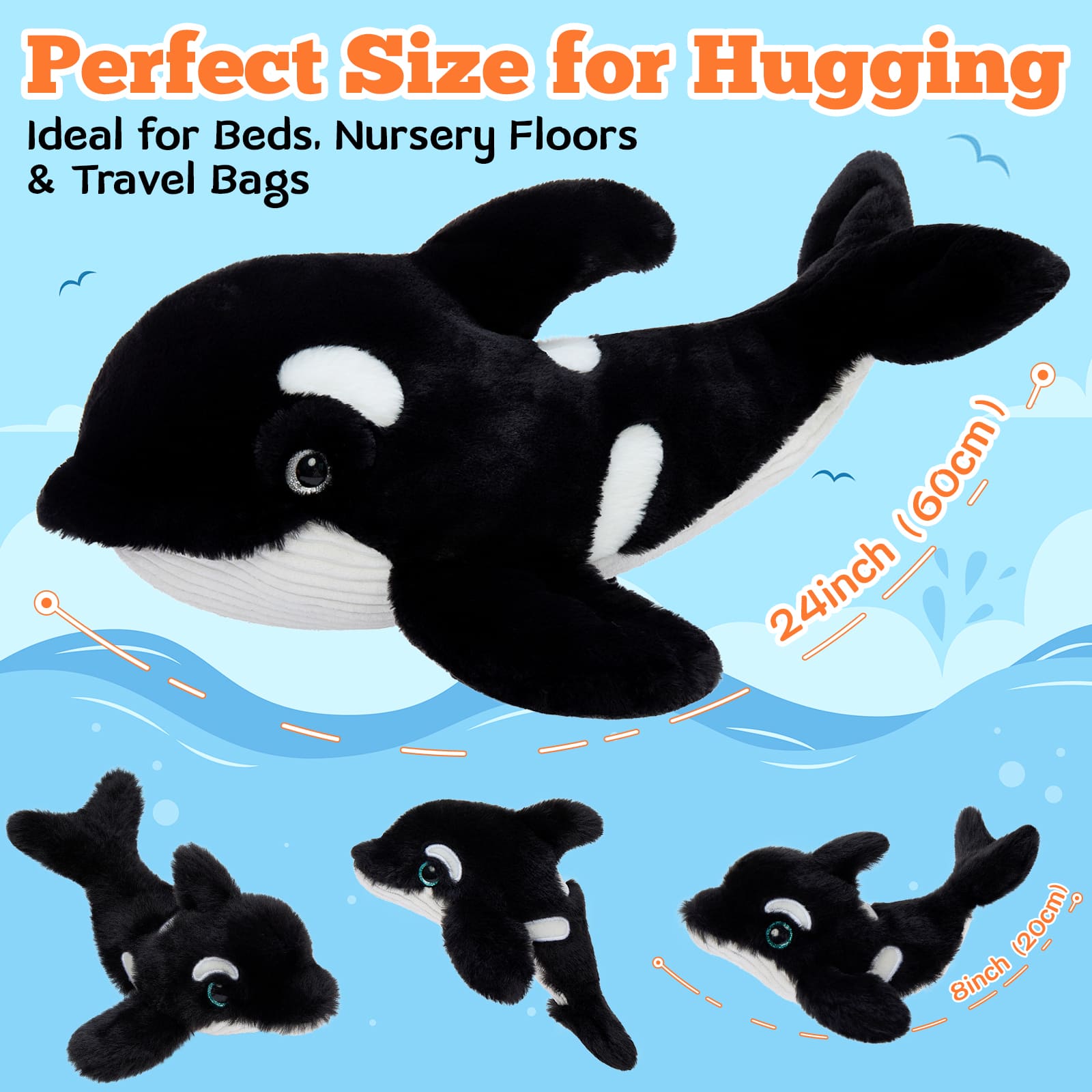 Large Orca Stuffed Animal with 3 Babies Glow in The Dark, 23.6" Huggable Killer Whale Plush Toy Realistic Soft Ocean Animal Plushies Birthday Gifts for Boys Girls