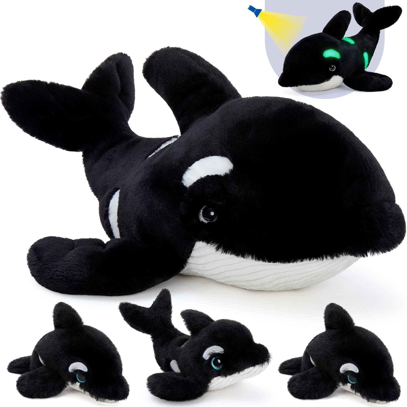 Large Orca Stuffed Animal with 3 Babies Glow in The Dark, 23.6" Huggable Killer Whale Plush Toy Realistic Soft Ocean Animal Plushies Birthday Gifts for Boys Girls