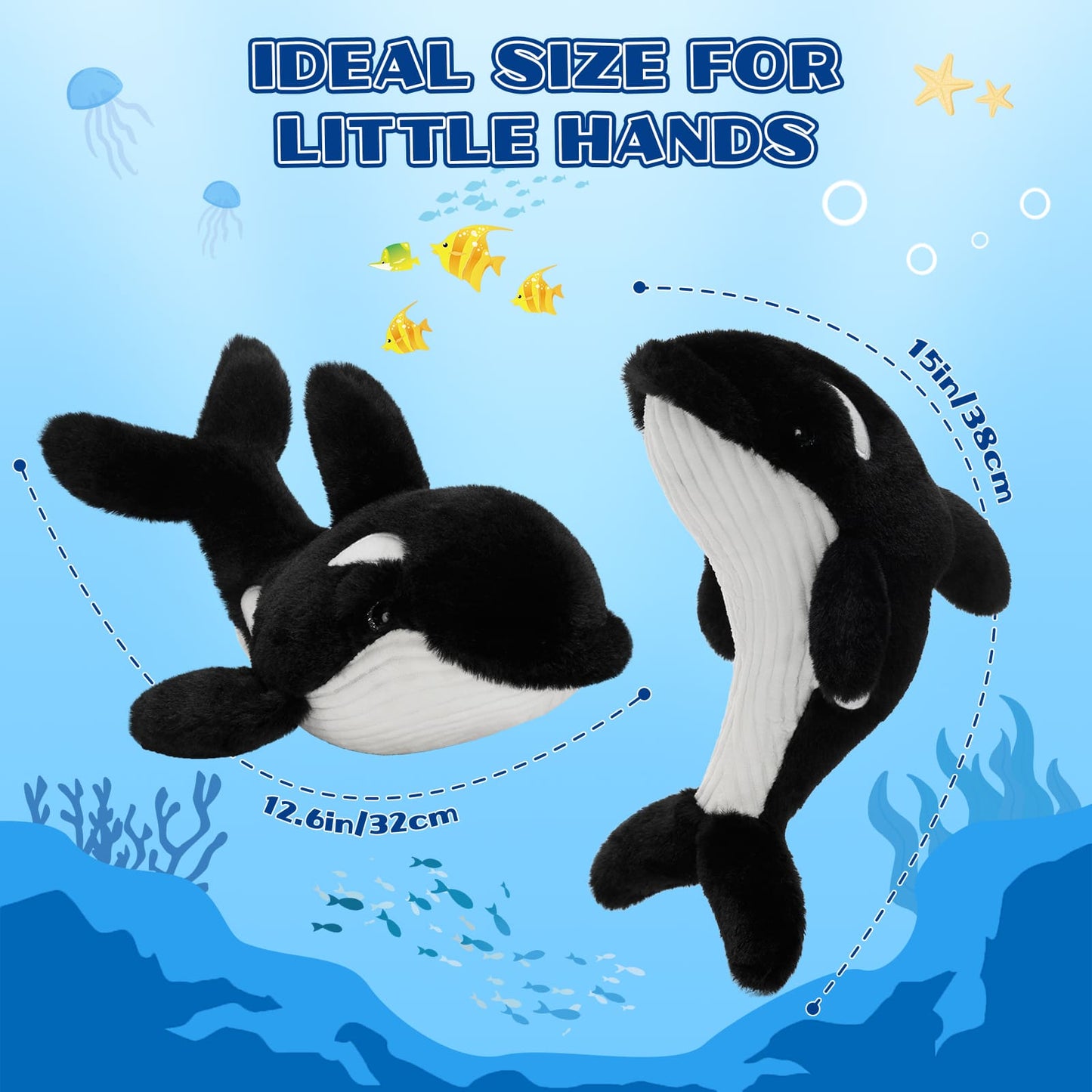 black and white orca whale plush stuffed animal realistic marine life toy for children