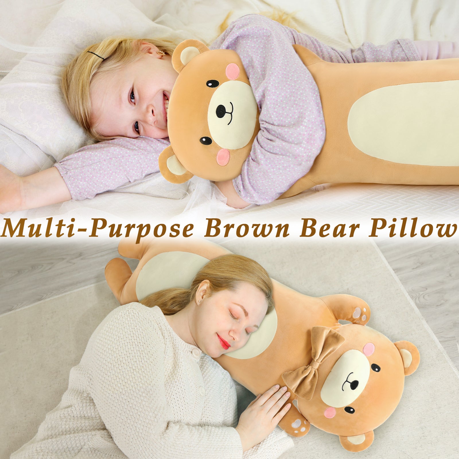 Teddy Bear Plush Toy Cartoon Long Throw Pillow, 36.2 Inches