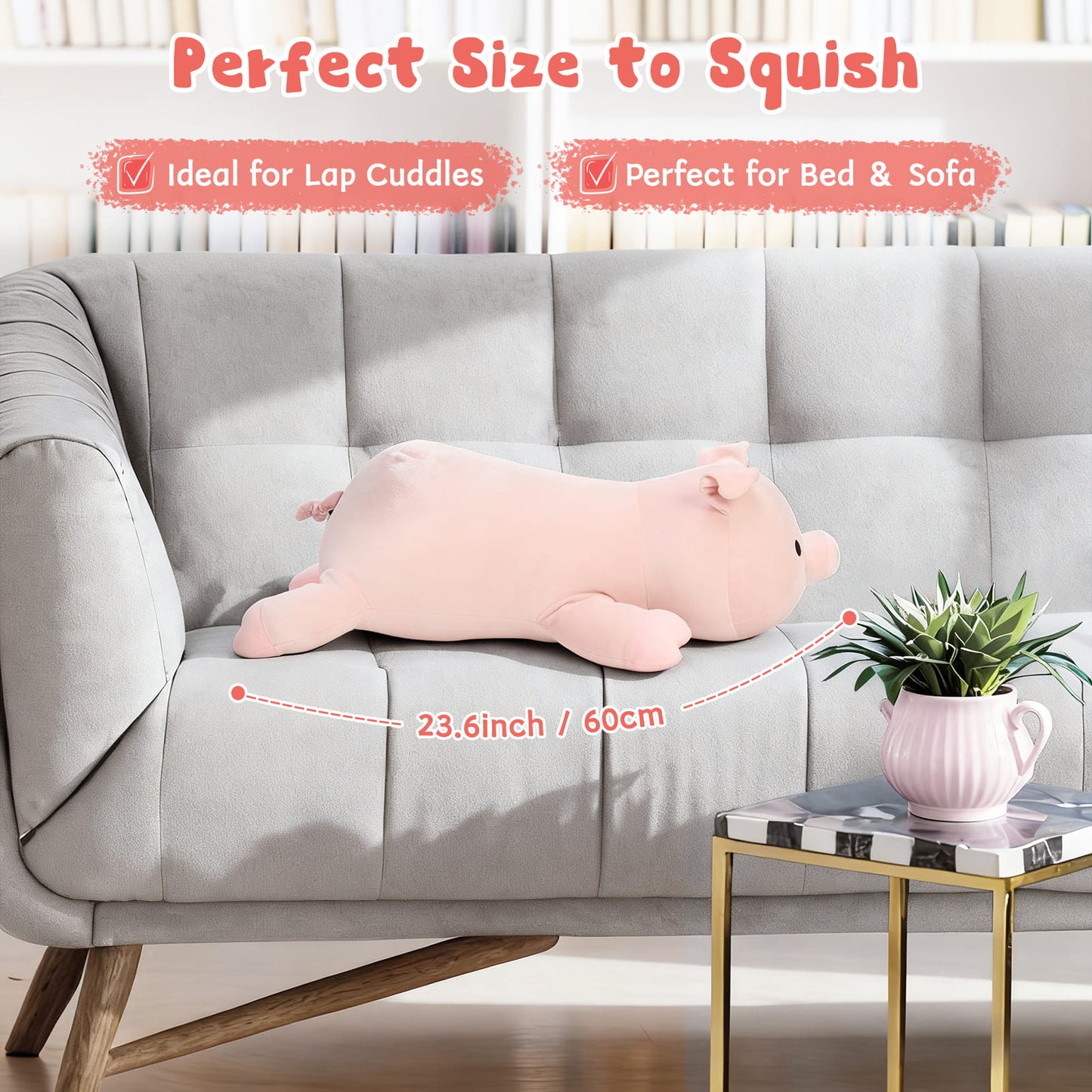 Cute 23.6 inch pig stuffed animal pillow with premium plush fabric, huggable pig plush toy for bedroom decor and gifts
