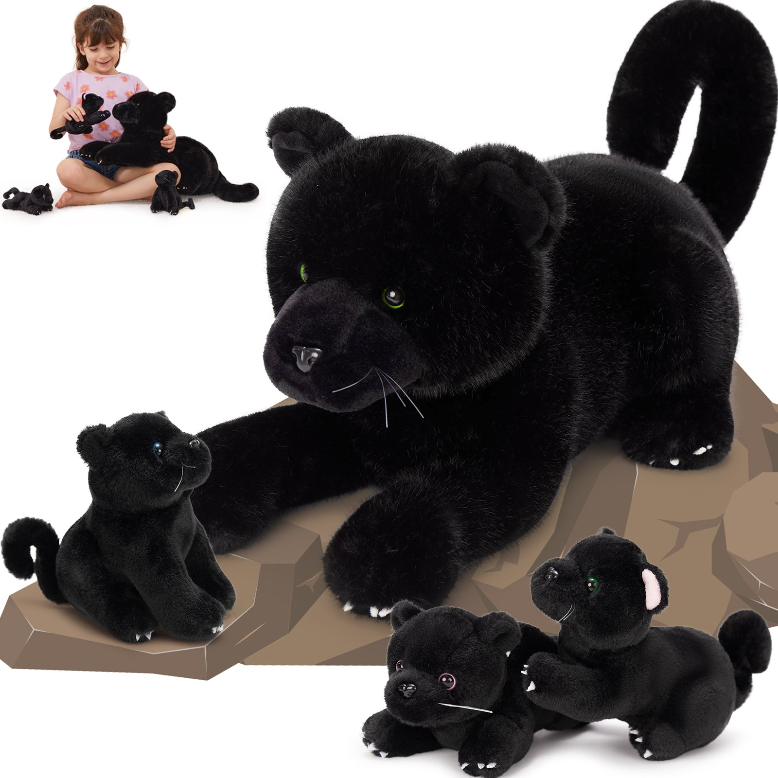 MorisMos 4Pcs Black Plush Panther Stuffed Animals with 3 Stuffed Panther Babies Inside