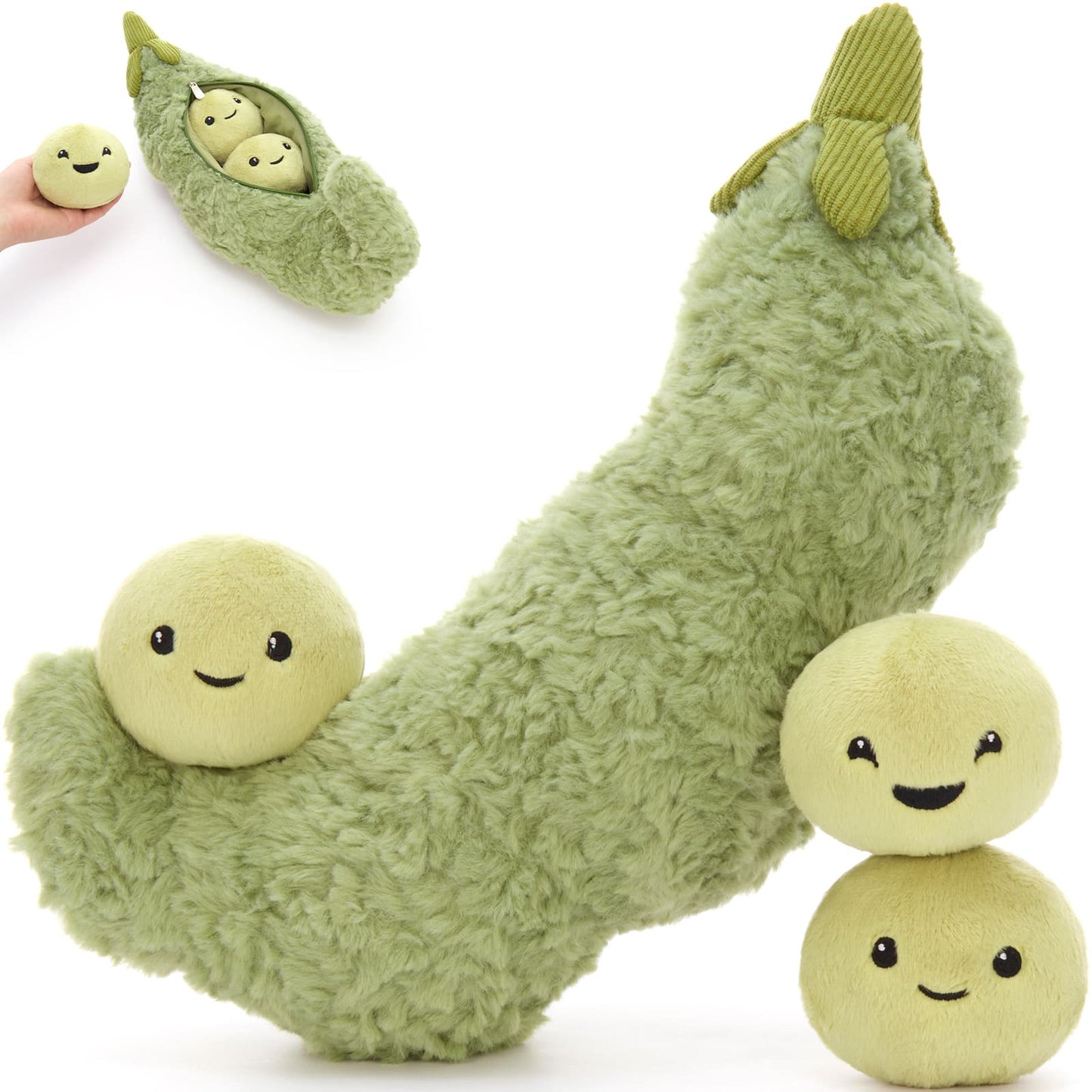 Cute pea pod plush toy featuring 3 removable smiling bean plushies inside a soft green pea shell, kawaii stuffed animal perfect for cuddling, gifts, room decor, and plush collectors