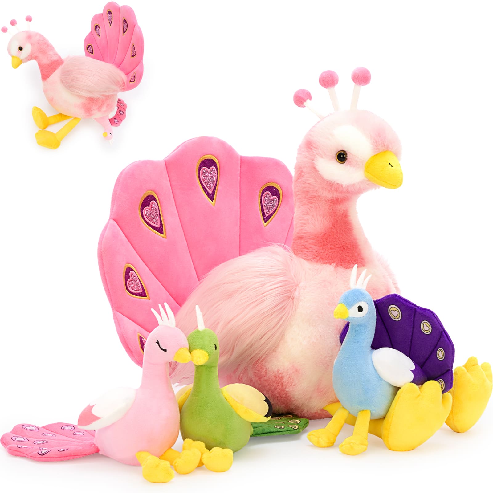 Soft colorful peacock stuffed animal with adorable baby peacocks plush toy family set for kids and nursery decor