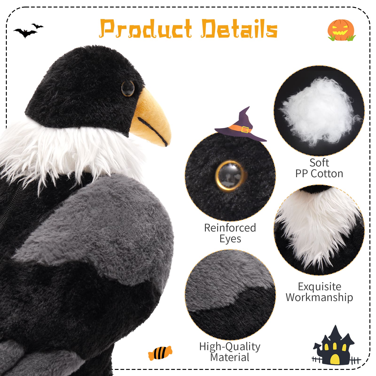 Pied Crow Stuffed Animals Raven Plush Toys, Black, 25.6 Inches