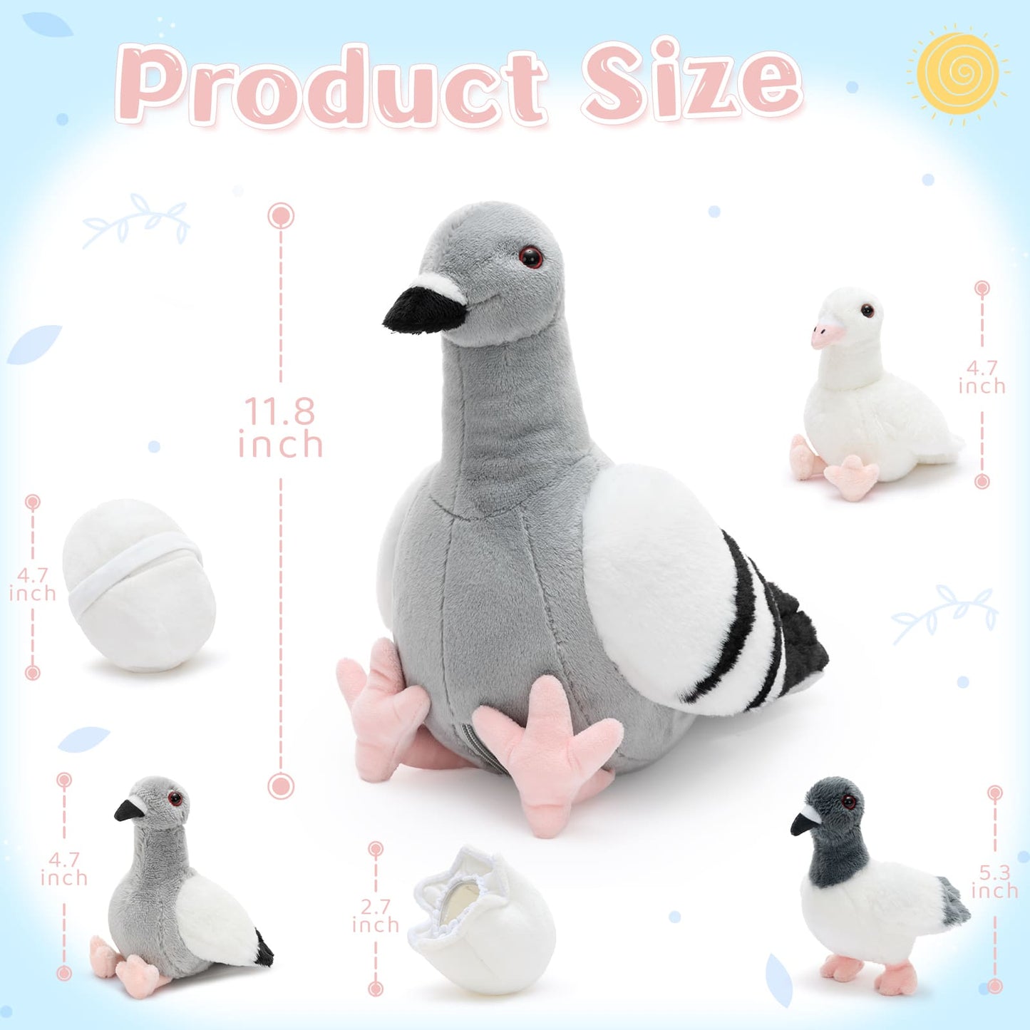 Soft pigeon plush toy collection with parent pigeon, three baby pigeons, and eggshell plush toys, ideal gift for children, plush collectors, and animal lovers