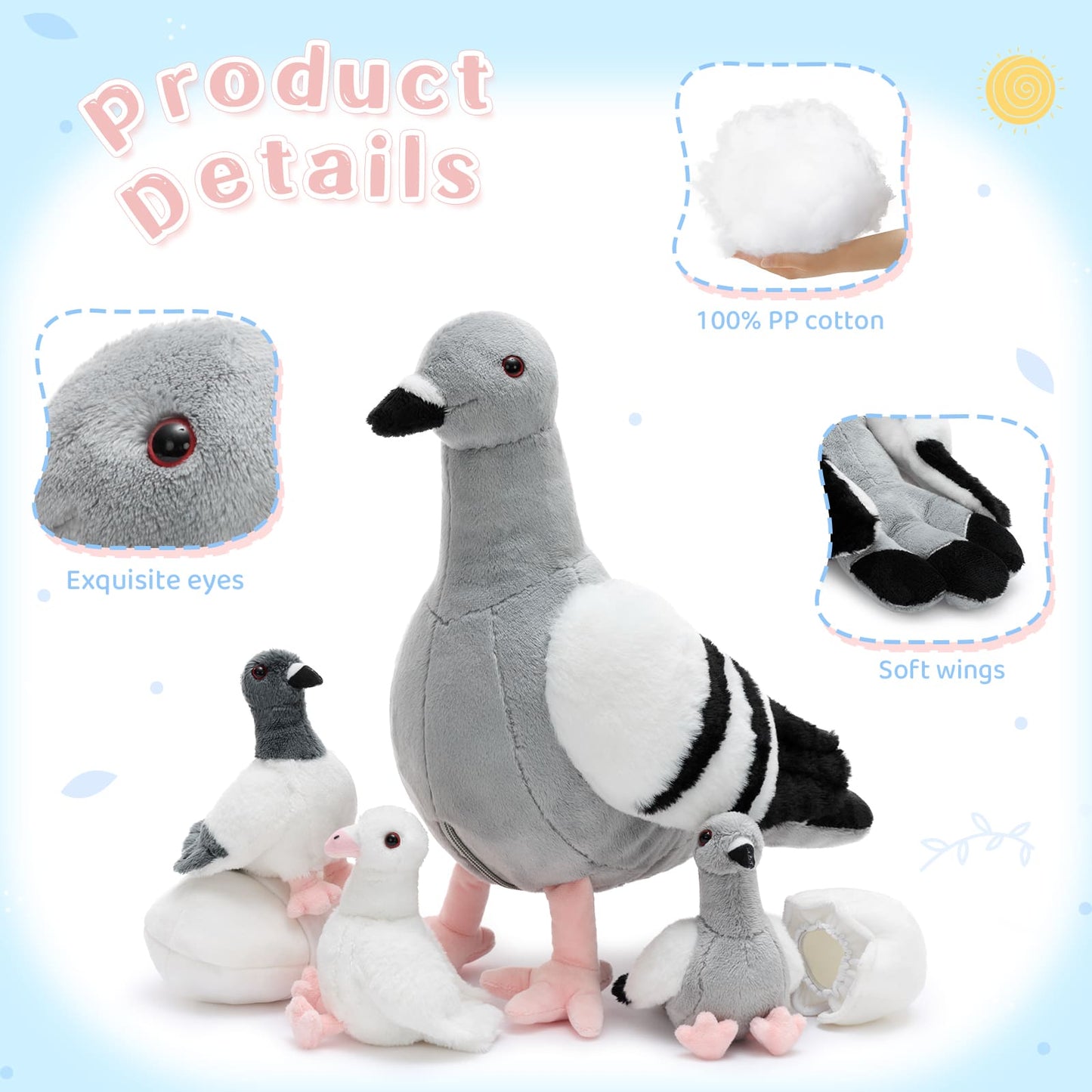 Cute pigeon family plush toy set featuring a large pigeon, three pigeon babies, and two soft eggshell plush toys, perfect for playtime and nursery decor