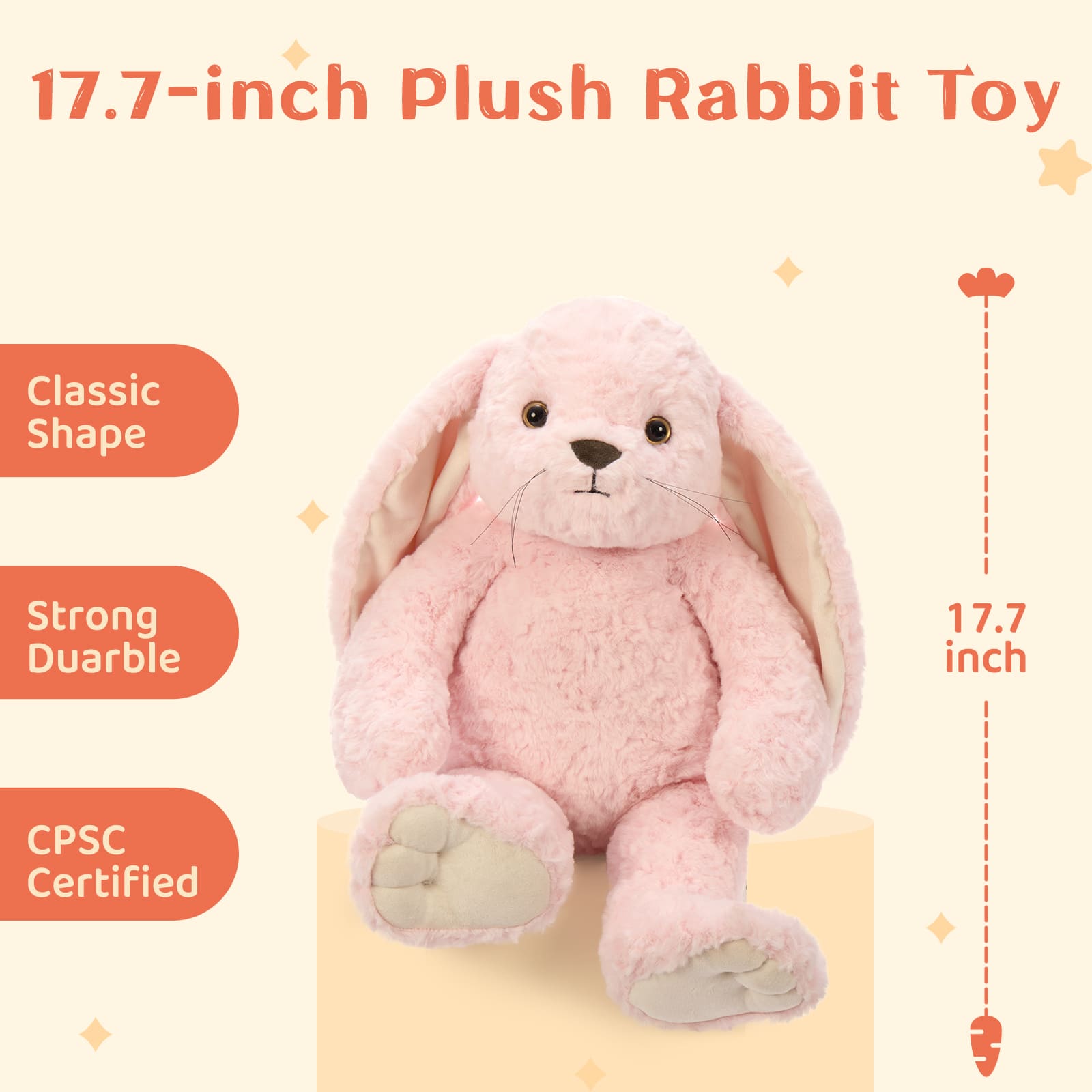 Bunny Plush Toy Rabbit Stuffed Animals, Pink, 17.7 Inches