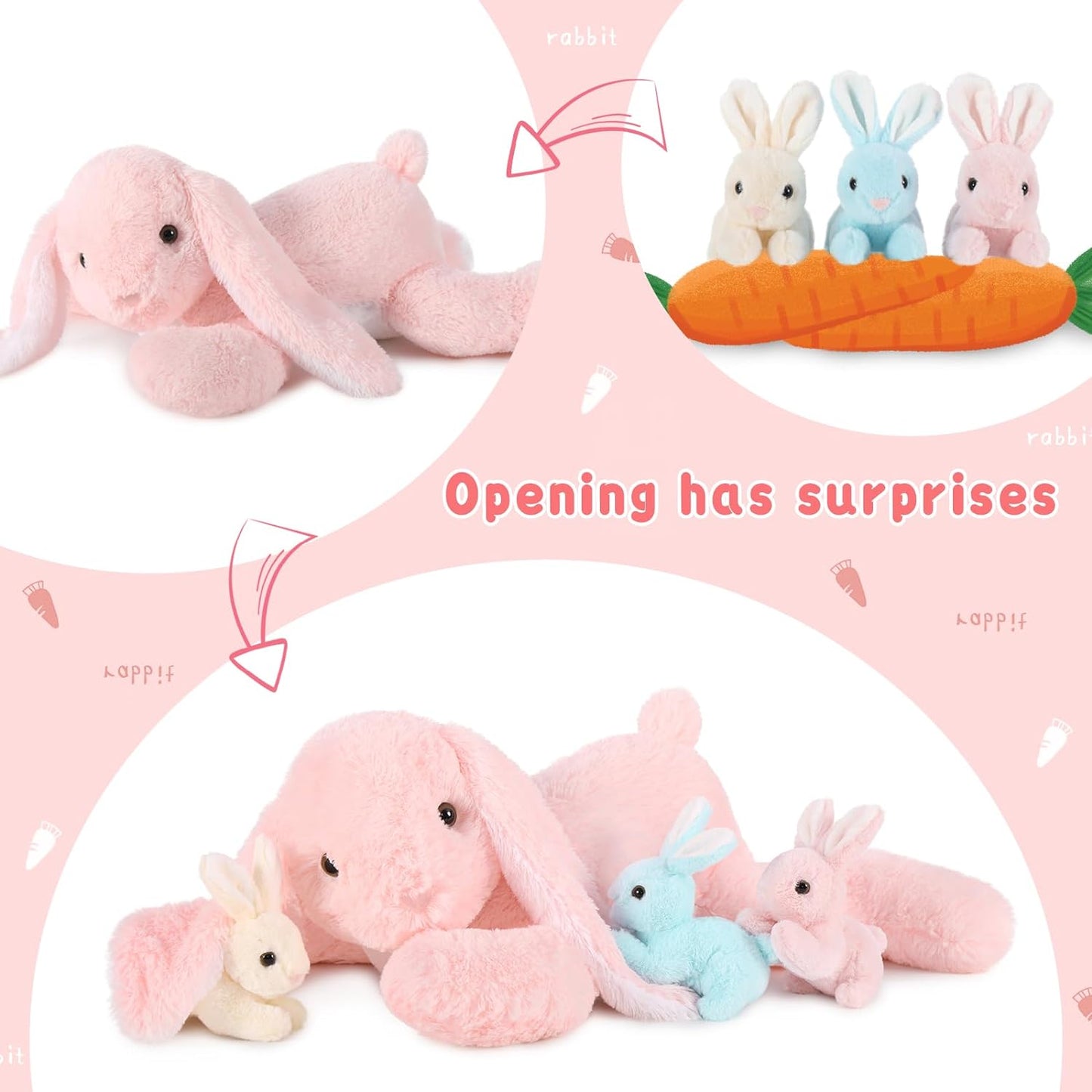 4 Pcs Bunny Stuffed Animals Bulk - Cute Rabbit Plush Toys - Stuffed Animal Bunny Babies with Their Mom - Grey/Pink Realistic Rabbit Plush Dolls for Girls - Easter/Christmas/Birthday Gift for Kids