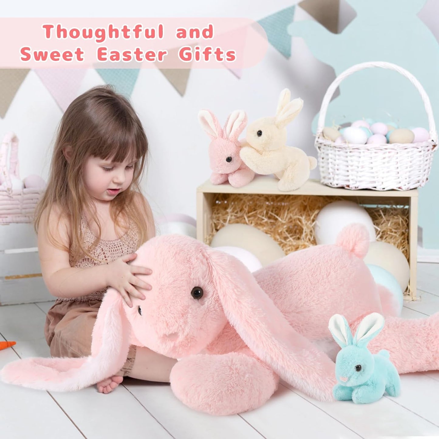 4 Pcs Bunny Stuffed Animals Bulk - Cute Rabbit Plush Toys - Stuffed Animal Bunny Babies with Their Mom - Grey/Pink Realistic Rabbit Plush Dolls for Girls - Easter/Christmas/Birthday Gift for Kids