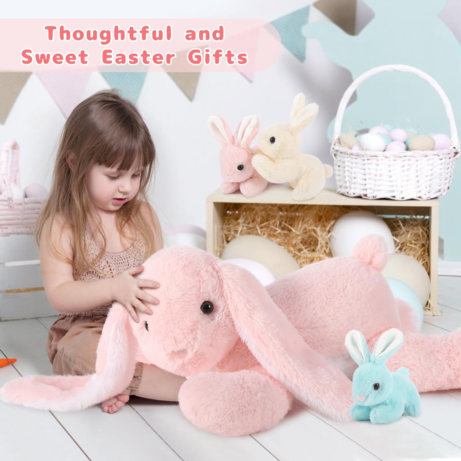 Bunny Stuffed Animal Toy Set, Pink/Grey, 24 Inches