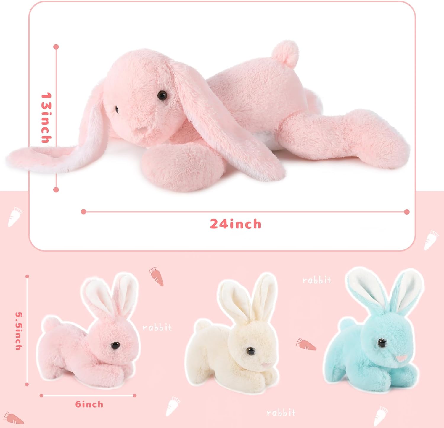 Bunny Stuffed Animal Toy Set, Pink/Grey, 24 Inches