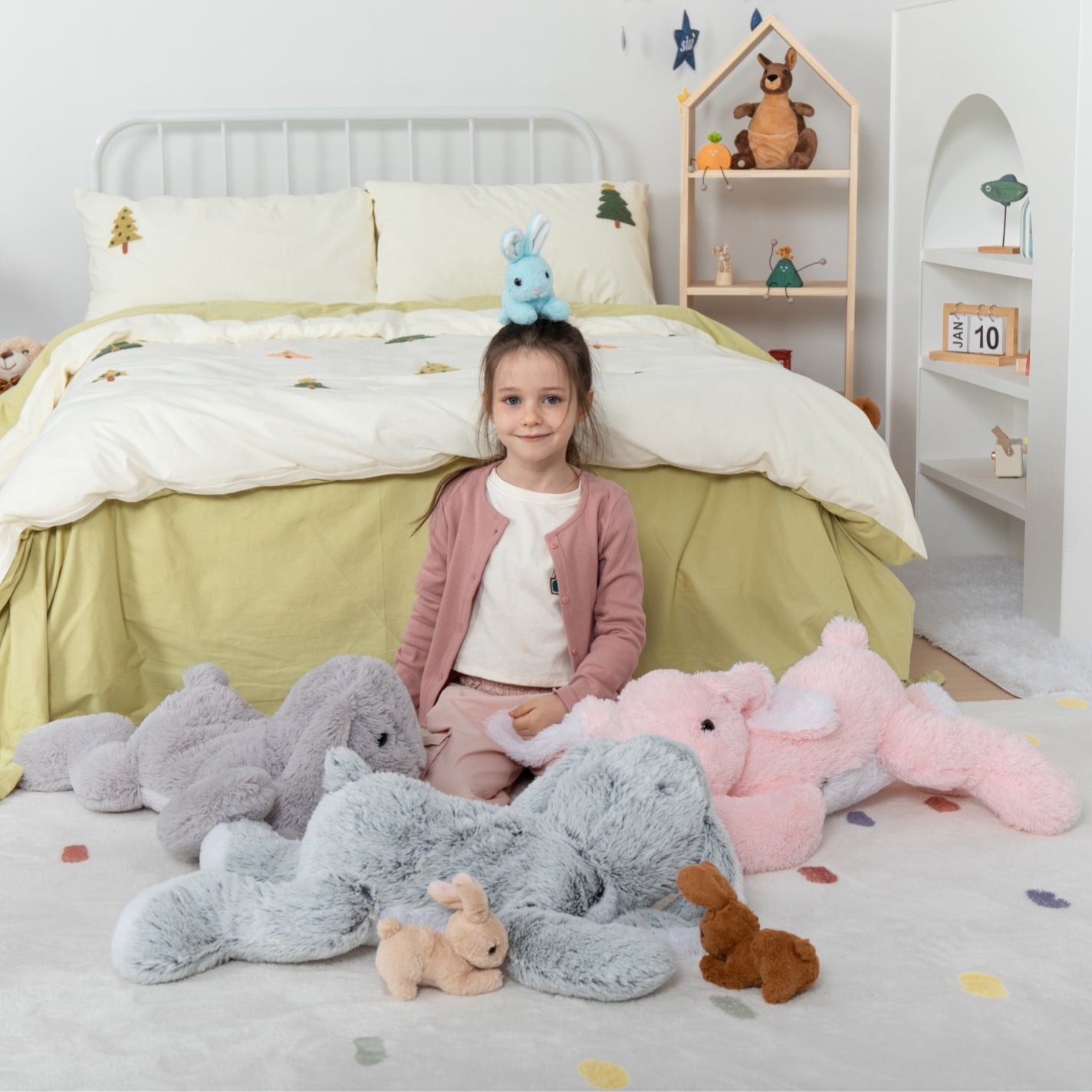 4 Pcs Bunny Stuffed Animals Bulk - Cute Rabbit Plush Toys - Stuffed Animal Bunny Babies with Their Mom - Grey/Pink Realistic Rabbit Plush Dolls for Girls - Easter/Christmas/Birthday Gift for Kids