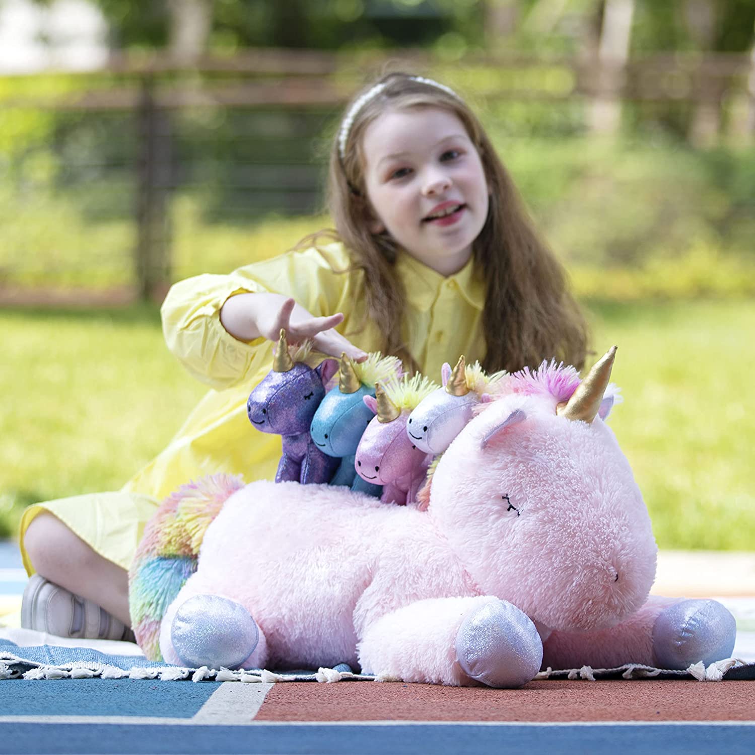 Unicorn Mom with Baby Plushies, White/Green/Pink/Beige, 24 Inches