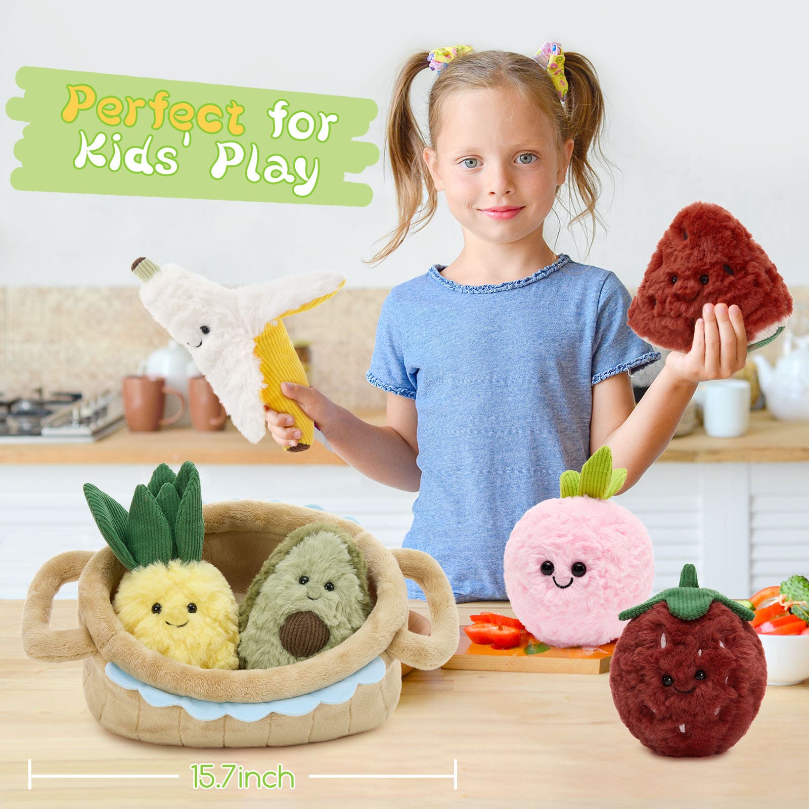 Plush Basket with 6 Stuffed Fruit Toys, 15.7 Inches