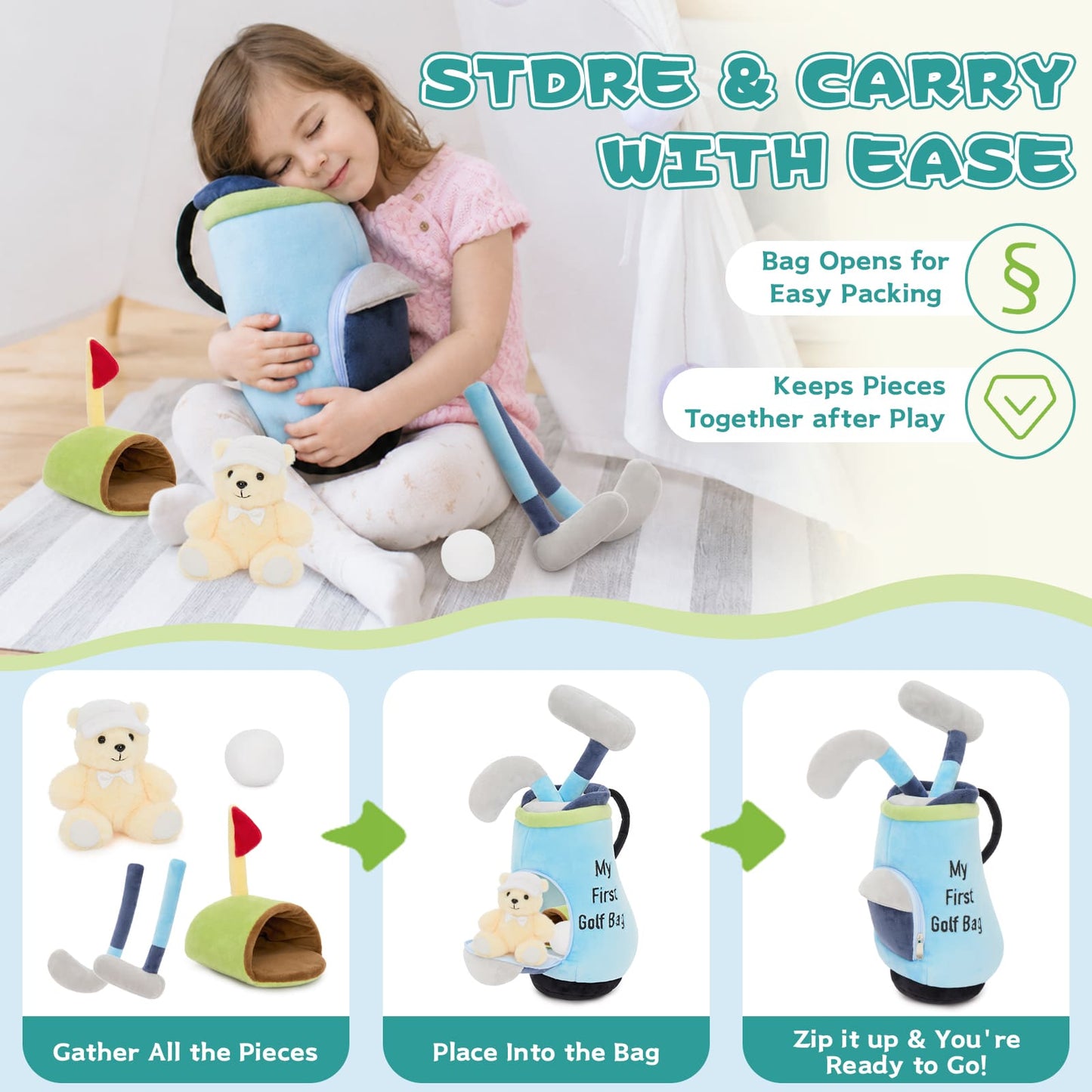 Soft Golf Toy Set with Golf Bag, Clubs, Ball, Hole & Teddy Bear Golfer