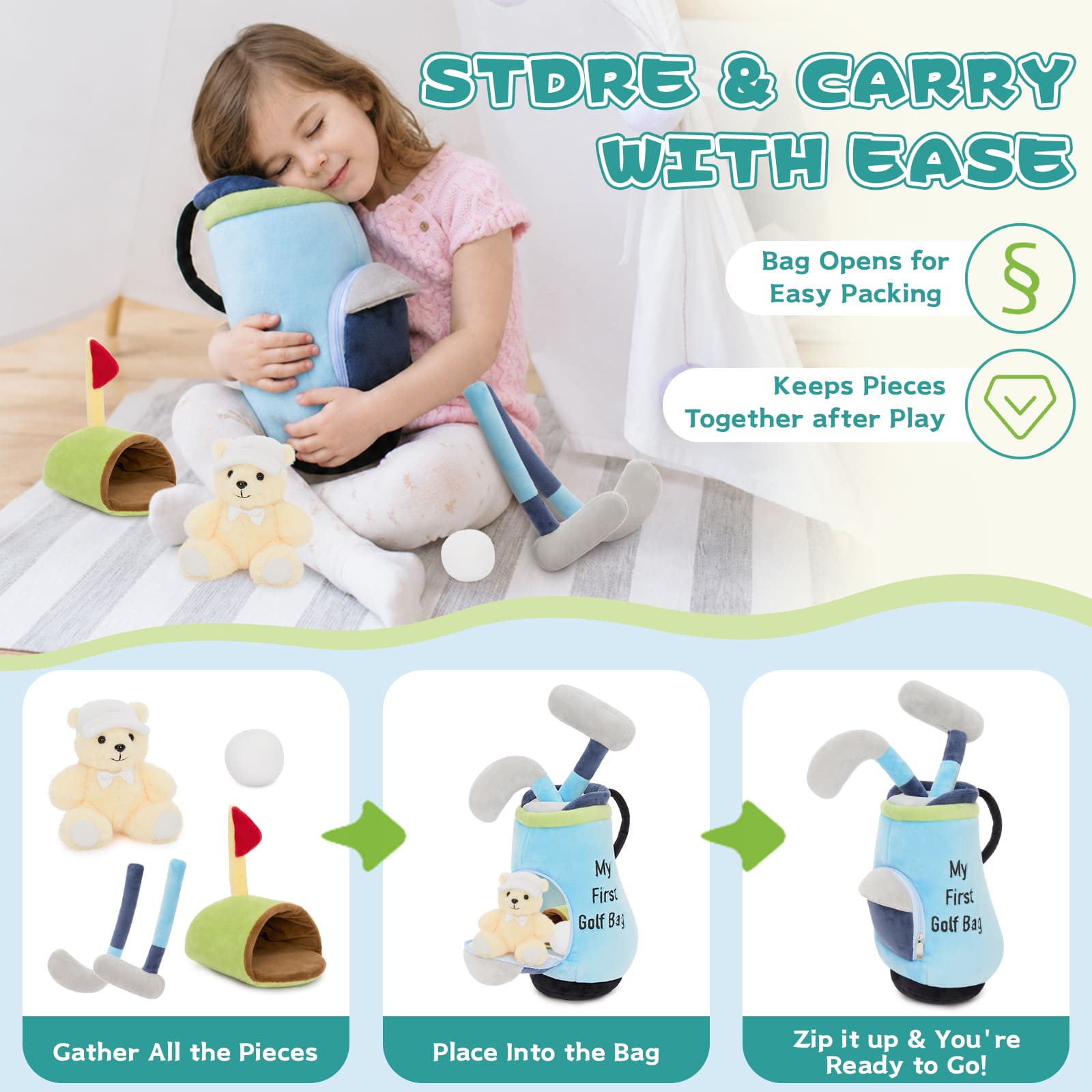 Soft Golf Toy Set with Golf Bag, Clubs, Ball, Hole & Teddy Bear Golfer