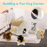 Dog house plush playset with four small stuffed puppies