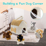 Dog house plush playset with four small stuffed puppies