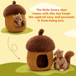 Cute plush squirrel toy with brown acorn hideaway house, soft stuffed animal gift, travel-friendly souvenirs, and gifts