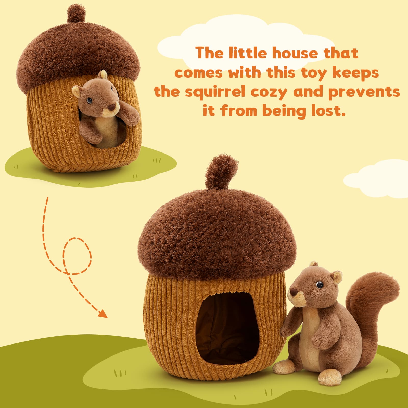 Cute plush squirrel toy with brown acorn hideaway house, soft stuffed animal gift, travel-friendly souvenirs, and gifts