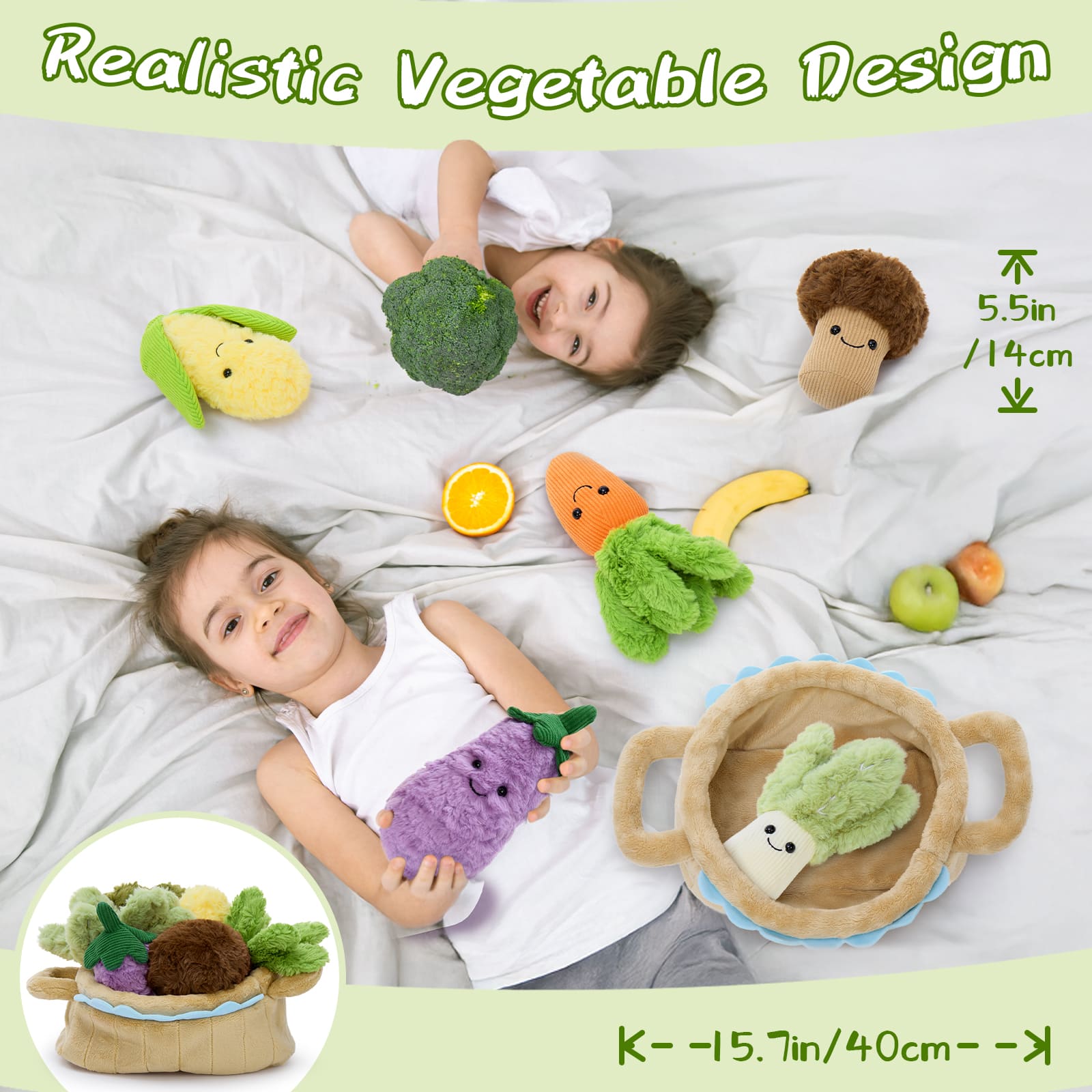 Plush Vegetable Basket Toy Set – 6 Soft & Smiley Veggies for Learning & Play - Stuffed Veggie Basket with 6 Plush Vegetable Toys - Pretend Play Food Sensory Toys