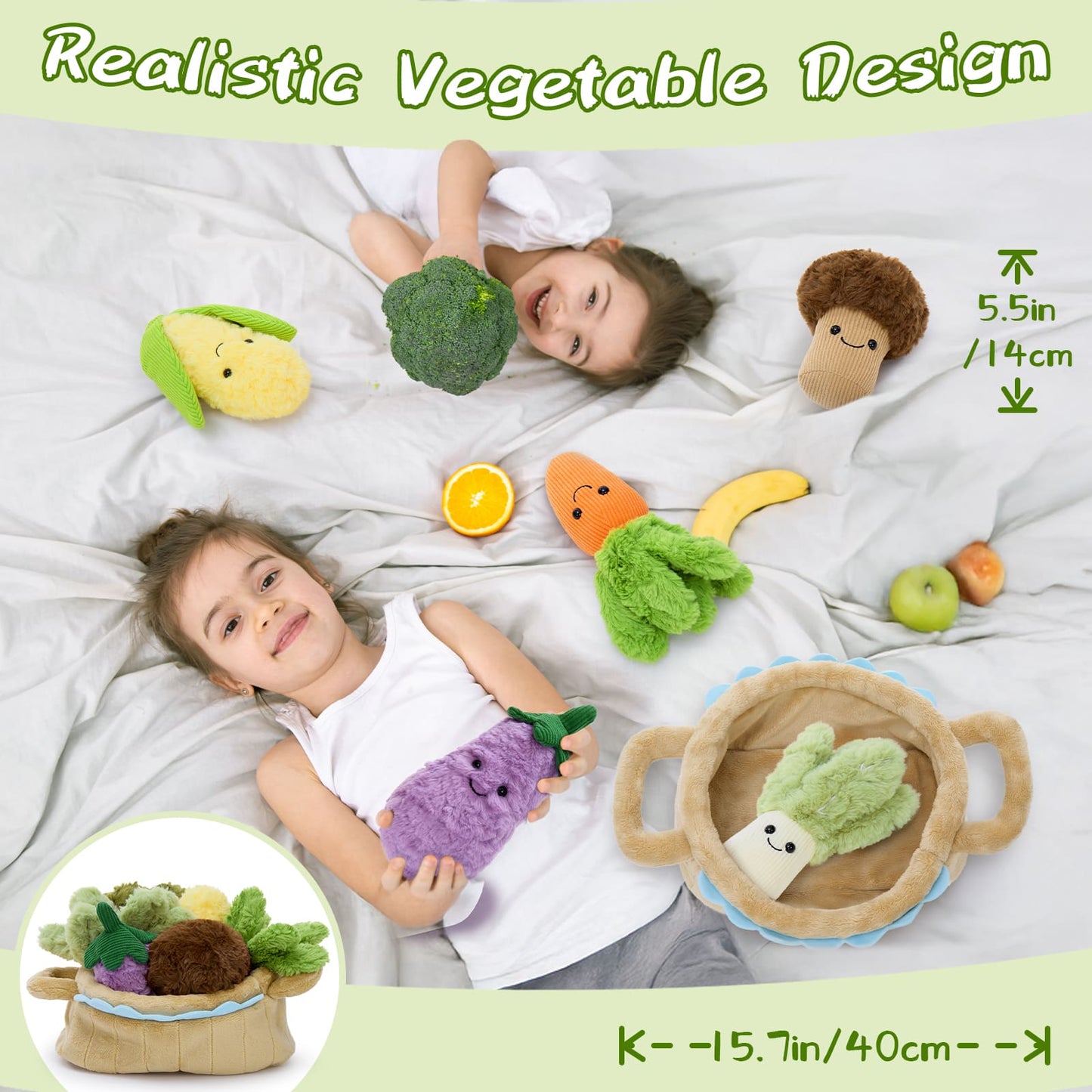 Plush Vegetable Basket Toy Set – 6 Soft & Smiley Veggies for Learning & Play - Stuffed Veggie Basket with 6 Plush Vegetable Toys - Pretend Play Food Sensory Toys