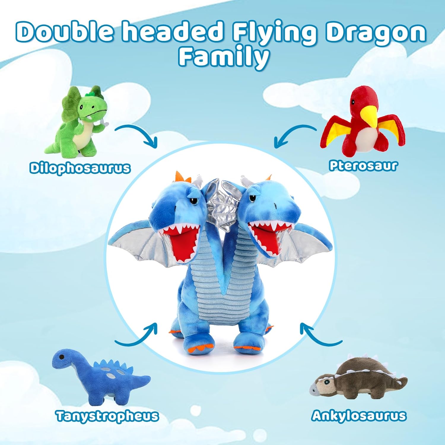 Blue Flying Dragon Plush Toys - Dragon Stuffed Animals with Babies in the Belly - Lifelike Double-headed Dragon Plush Dolls - Stuffed Animal Babies with Their Mom - Cool Plush Dolls for Boys Kids - Birthday/Christmas/Easter Gift ideas for children