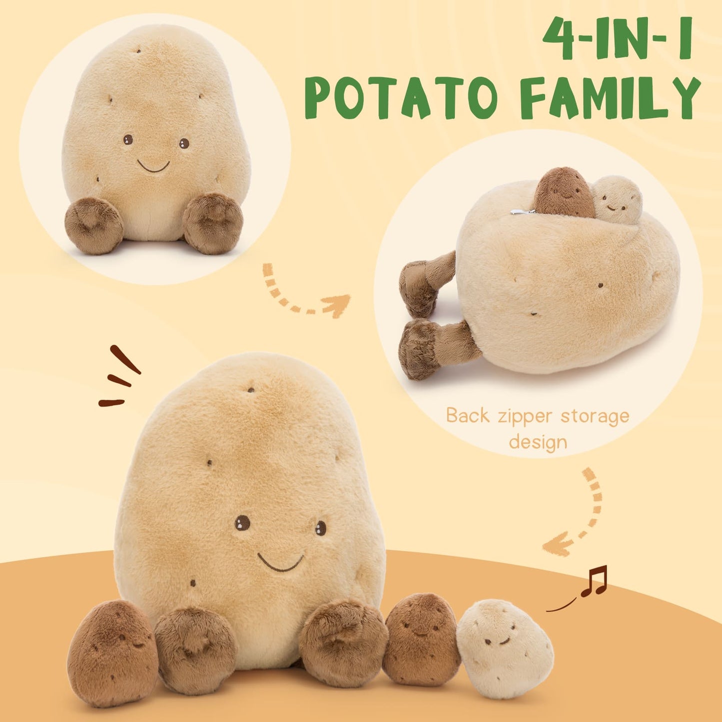 Cute 4-in-1 potato plush toy set with large soft potato stuffed animal and three mini kawaii potato plushies hidden inside zipper pocket.