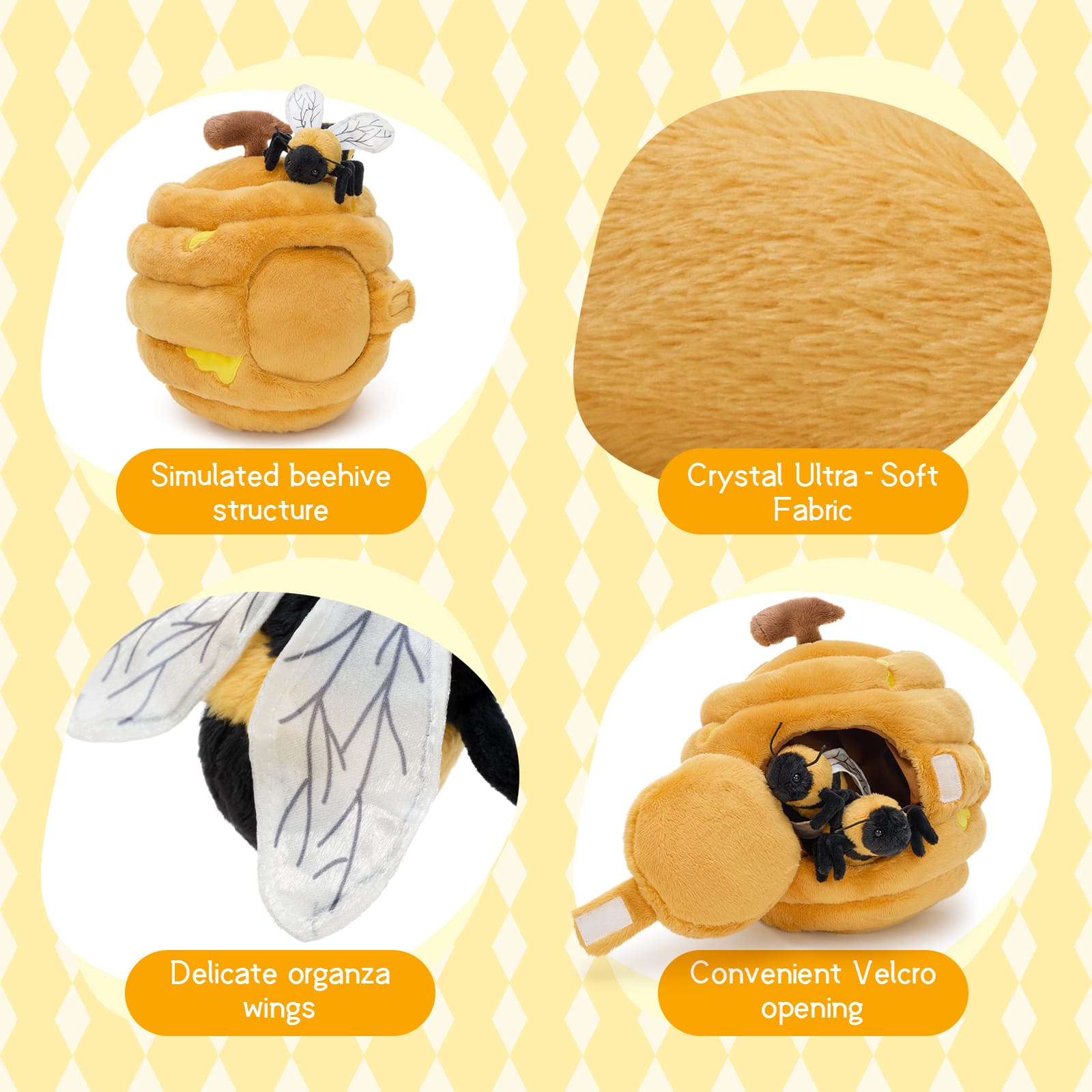 Adorable Honey Hive Plush Toy Set with 5 Baby Bees, 10.2 Inches