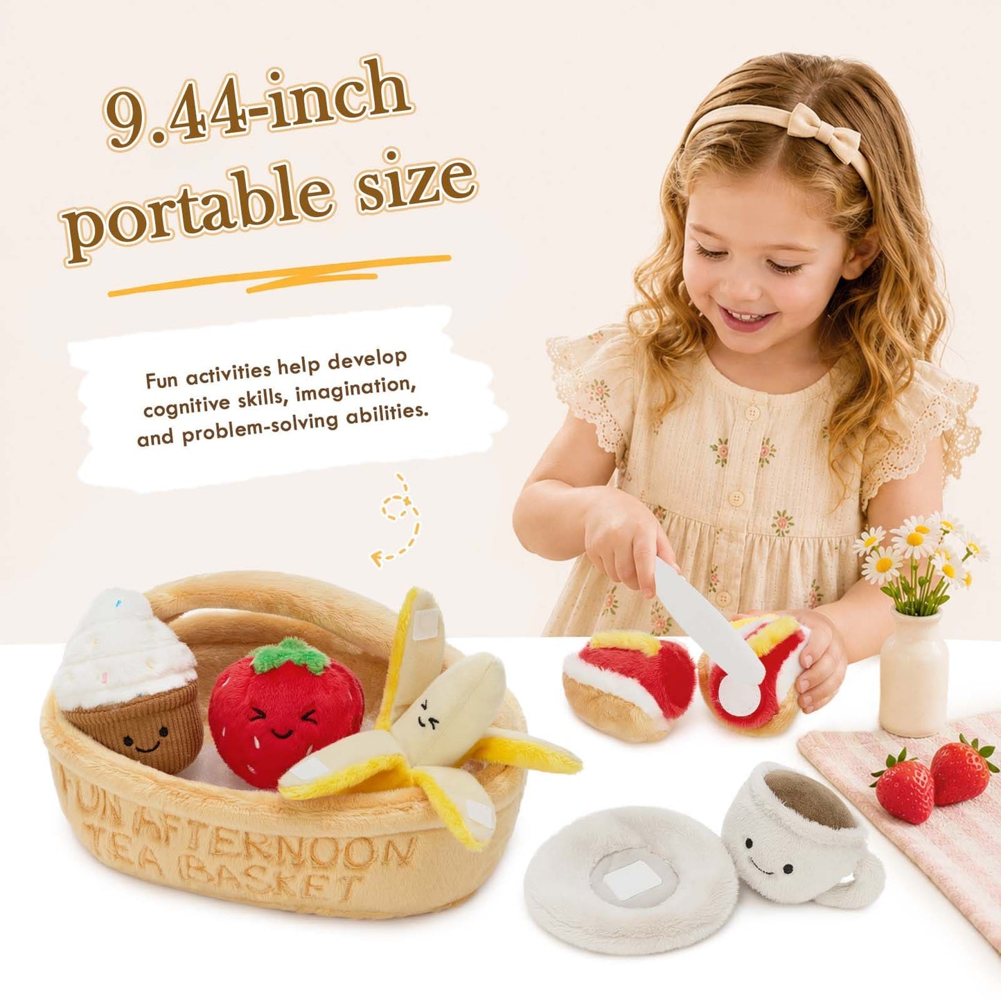 Cute plush pretend play toy set for babies and toddlers with soft breakfast food toys and tea party accessories that encourage creativity, hands-on learning, and developmental play