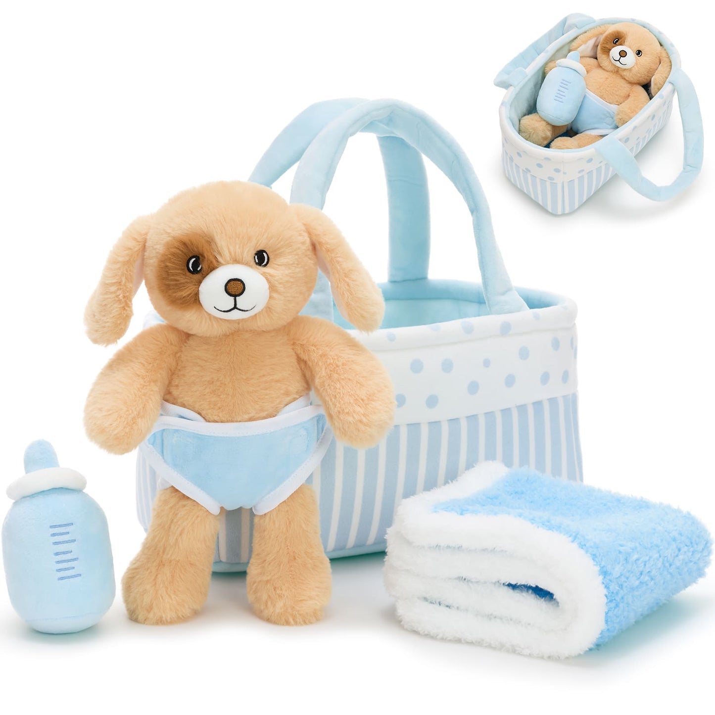 Cute plush puppy baby gift set with basket bottle and blanket stuffed dog toy for kids