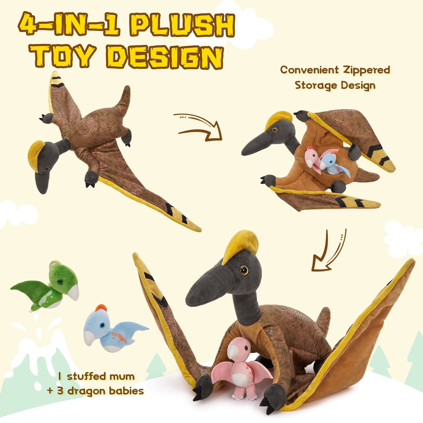 Pterosaur Stuffed Animals - One Big Pterosaur with Three Pterosaur 
 Babies - Jurassic Plush Toys - Party Favors Party Decorations - Gift Ideas for Girls Boys