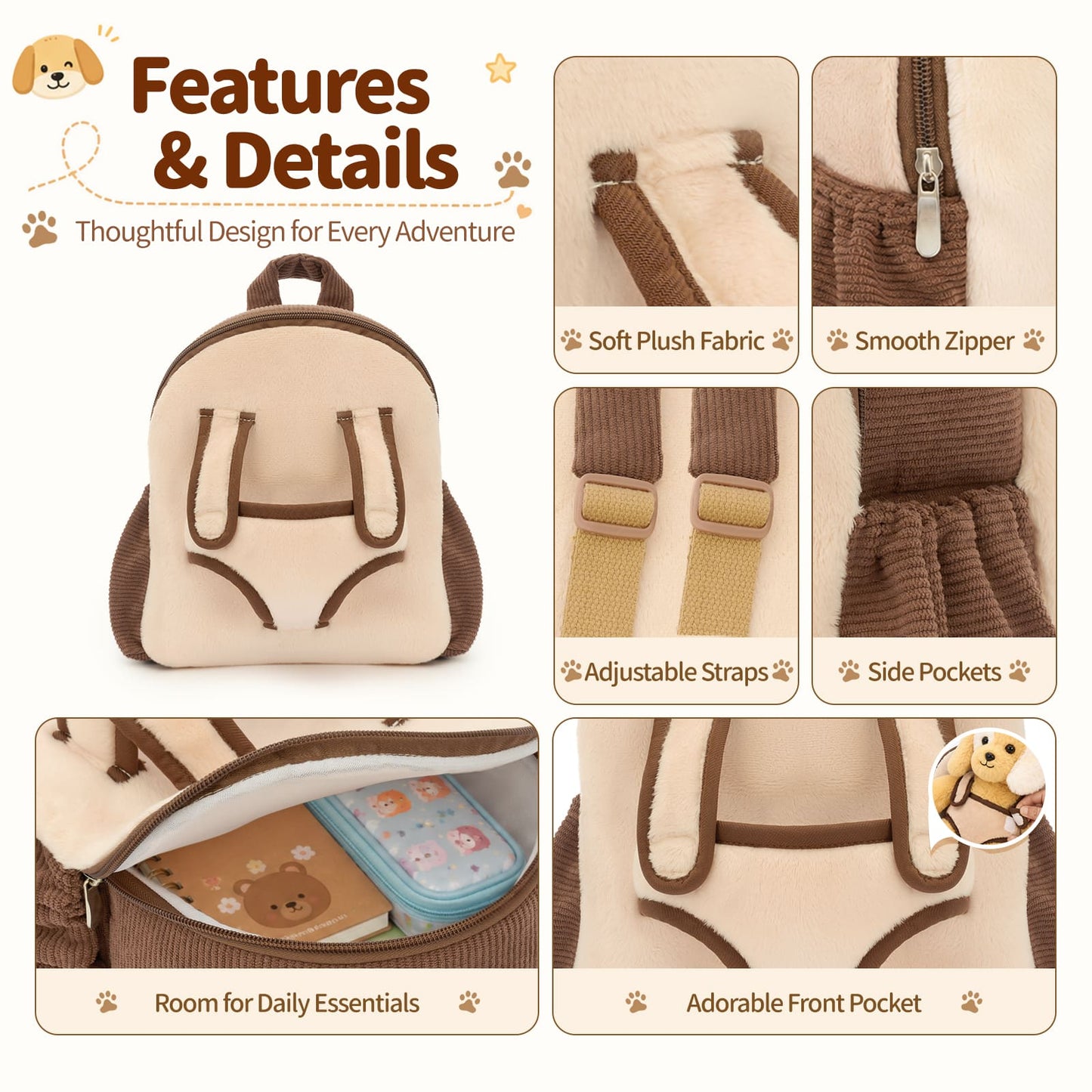 Dog Toddler Backpack Plush Bag with Detachable Toys