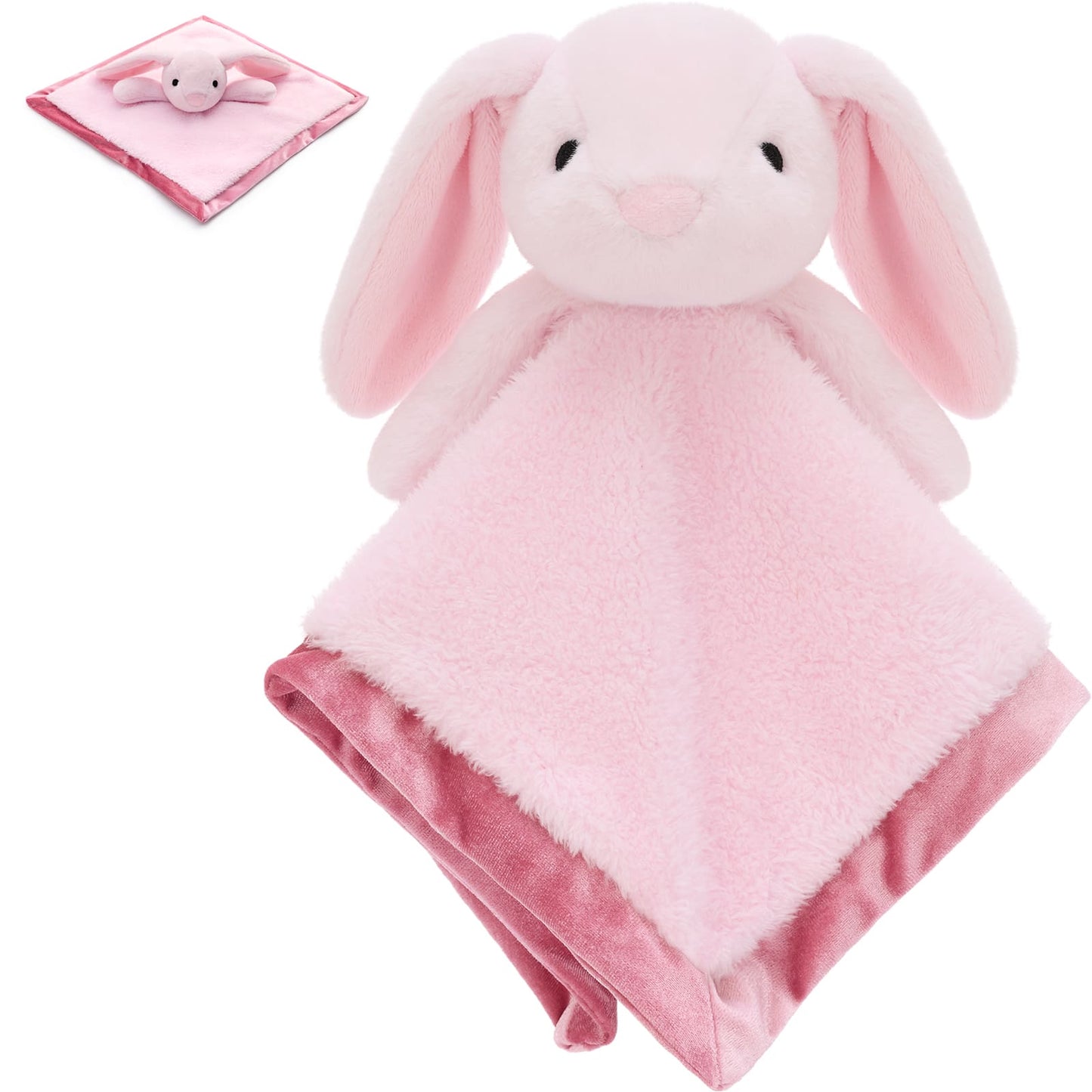 Toddler bunny lovey blanket with soft plush dog toy head and cozy comfort blanket designed for babies and infants to cuddle, sleep, and self-soothe.