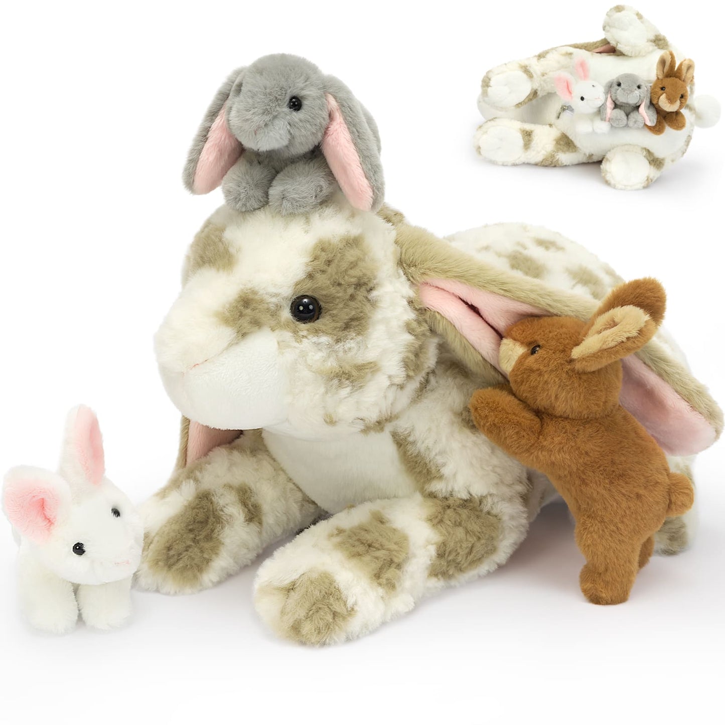 Realistic bunny plush toy set featuring a large soft stuffed rabbit with floppy ears and multiple baby bunnies perfect for kids gifts Easter decor and cuddly playtime