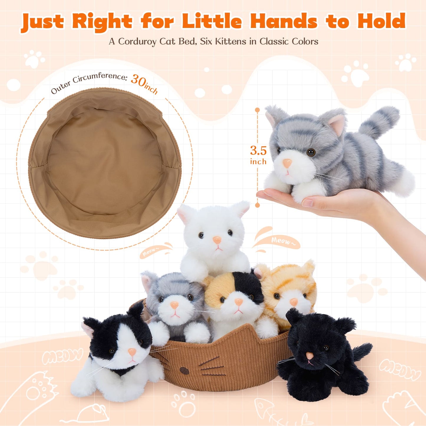 A set of plush cat toys including tabby, black, and white kittens posed around a soft storage basket, ideal as a gift, nursery decoration, or comforting companion.