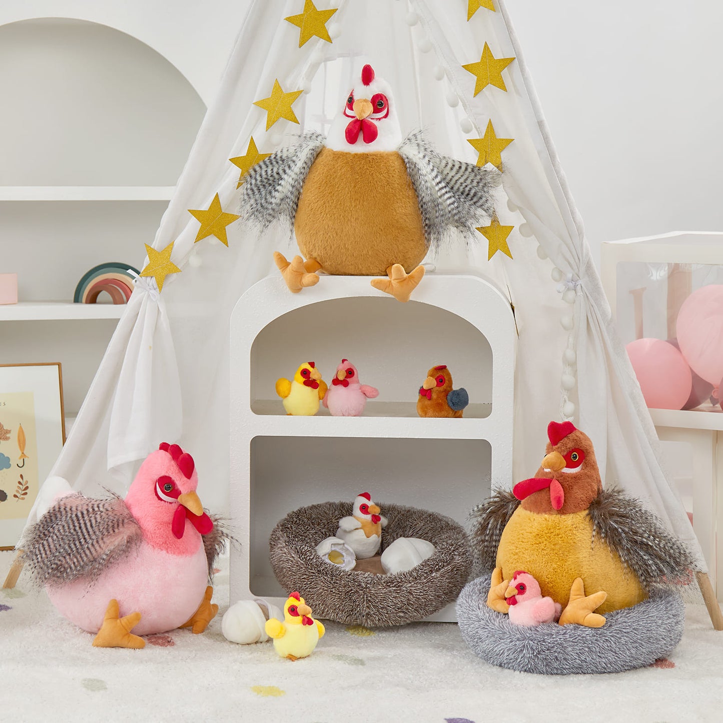 Lifelike Big Rooster Chicken, Three Mini Chicks, Three Chicken Eggs, and a Chicken Coop Plush Toy Set - Farm Chicken Stuffed Animals Set for Children - Stuffed Animals with Babies in the Belly - Stuffed Animal Babies with Their Mom - Realistic Chicken Plush Dolls for Kids Teens Adults
