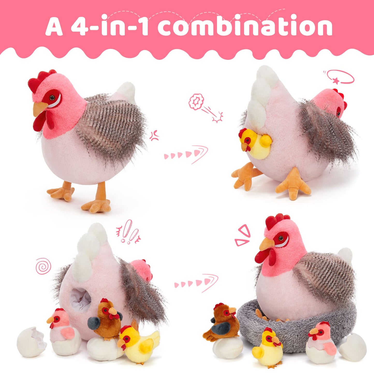 Lifelike Big Rooster Chicken, Three Mini Chicks, Three Chicken Eggs, and a Chicken Coop Plush Toy Set - Farm Chicken Stuffed Animals Set for Children - Stuffed Animals with Babies in the Belly - Stuffed Animal Babies with Their Mom - Realistic Chicken Plush Dolls for Kids Teens Adults