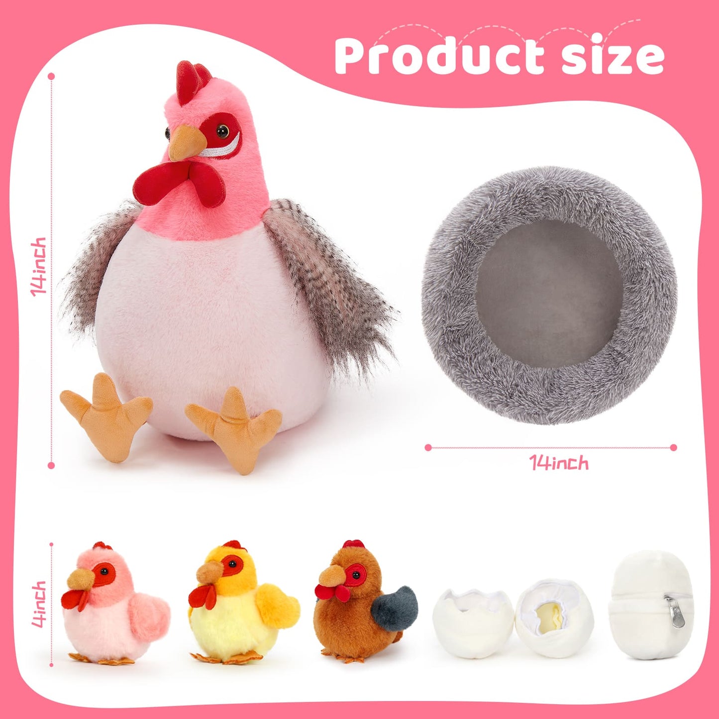 Lifelike Big Rooster Chicken, Three Mini Chicks, Three Chicken Eggs, and a Chicken Coop Plush Toy Set - Farm Chicken Stuffed Animals Set for Children - Stuffed Animals with Babies in the Belly - Stuffed Animal Babies with Their Mom - Realistic Chicken Plush Dolls for Kids Teens Adults