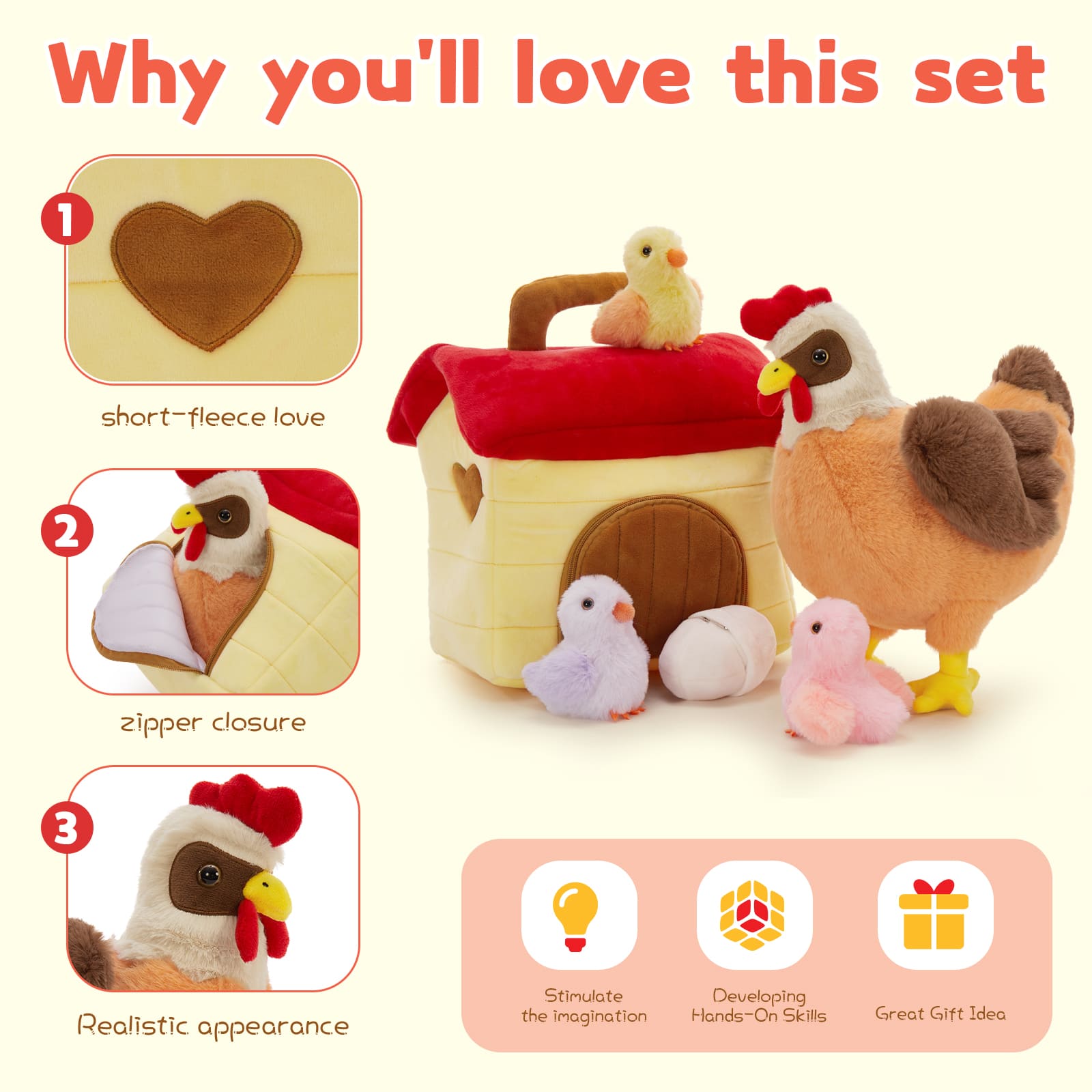 6 Pcs Chicken Stuffed Animals - Big Chicken, Three Chicks, An Egg and A Chicken Coop Plush Toy Set - Farm Chicken Stuffies -  Birthday/Christmas/Baby Shower/Easter Gifts for Kids - MorisMos Stuffed Animals