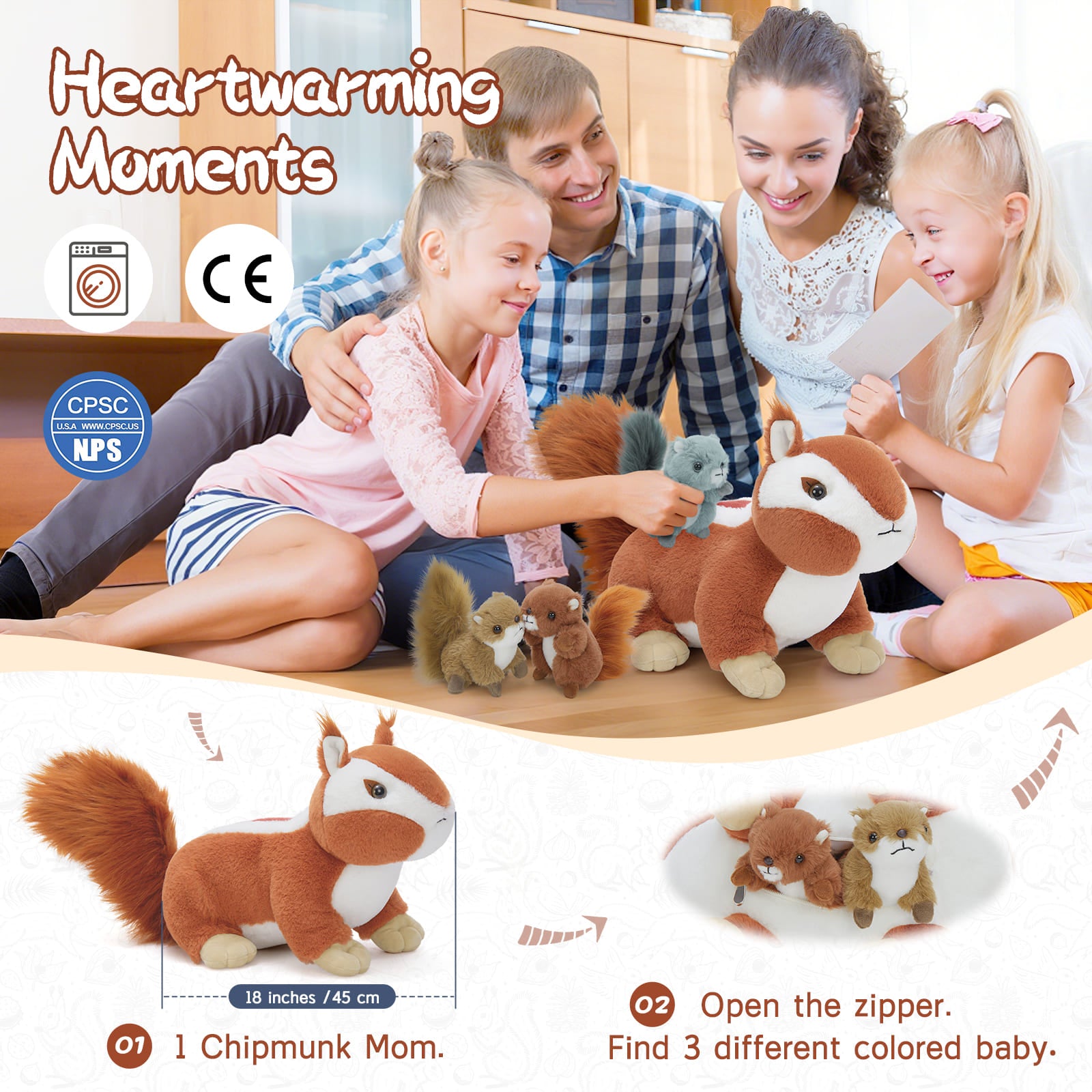 Chipmunk Stuffed Animals with Three Chipmunk Babies in the Belly - Lifelike Squirrel Plush Toys - Chipmunk stuffed animal babies with their Mom - Christmas/Birthdy/Graduation/Baby Shower Gift Guide - Free Shipping