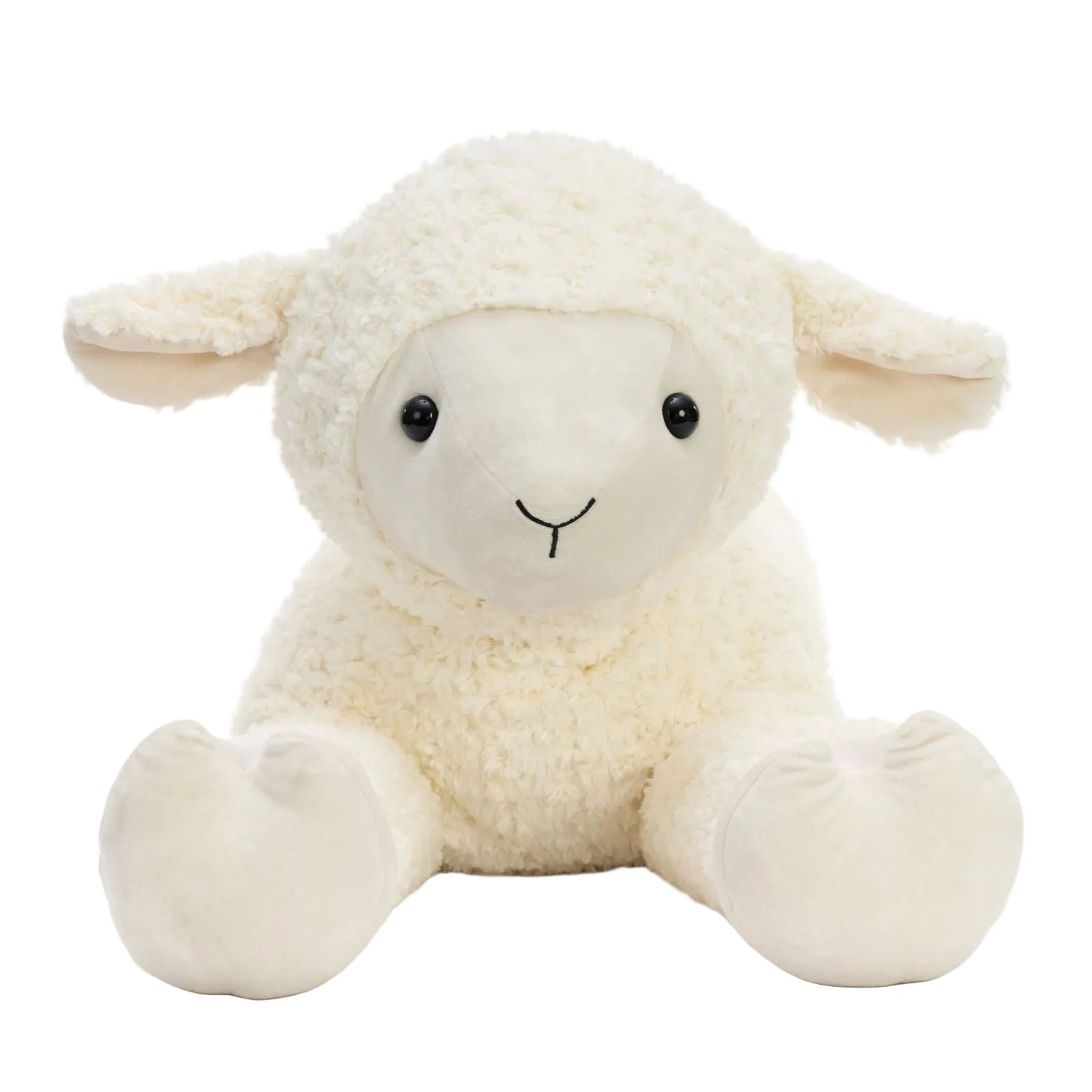 A fluffy cream-colored plush lamb toy with a soft textured fleece body, small black eyes, and a simple embroidered smile, sitting against a clean white background.
